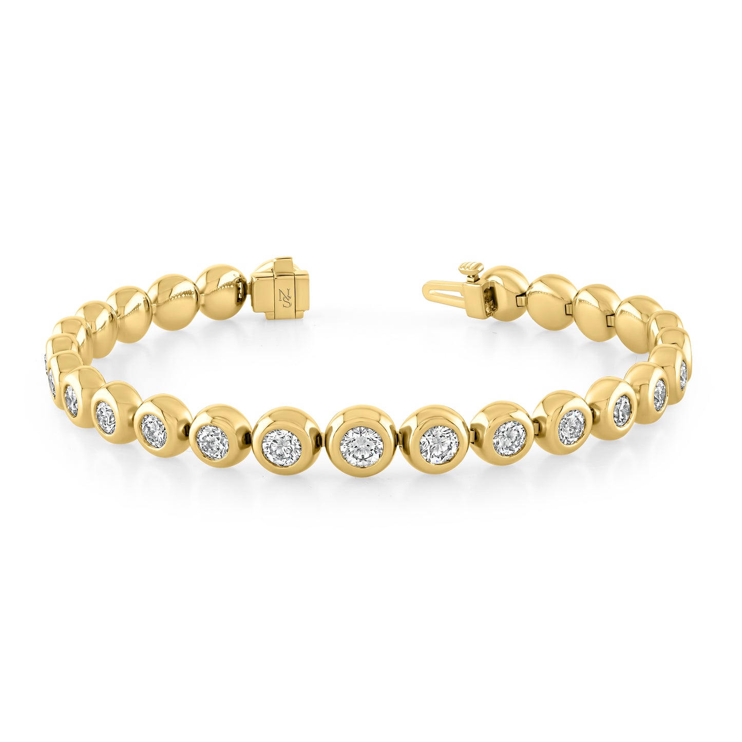 A bezel set round diamond bracelet in 18k yellow gold 