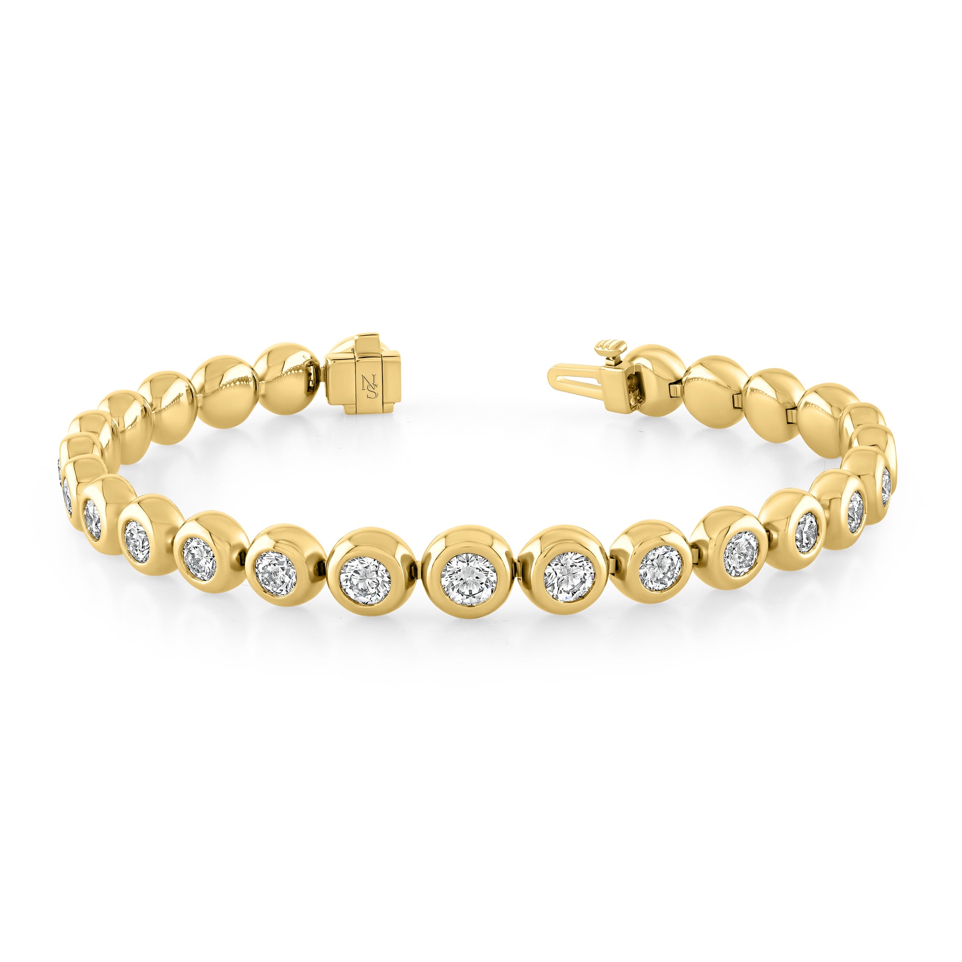 A bezel set round diamond bracelet in 18k yellow gold 