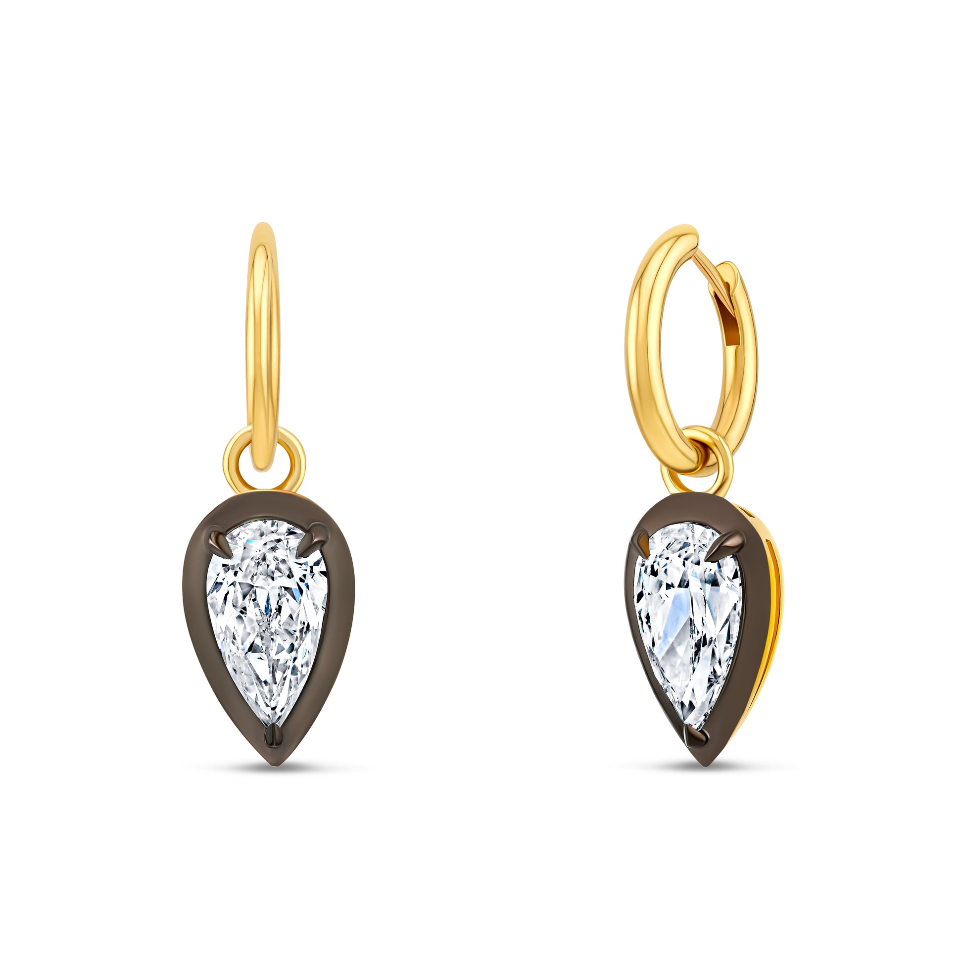 Gold rhodium teardrop-shaped earrings with white diamonds.