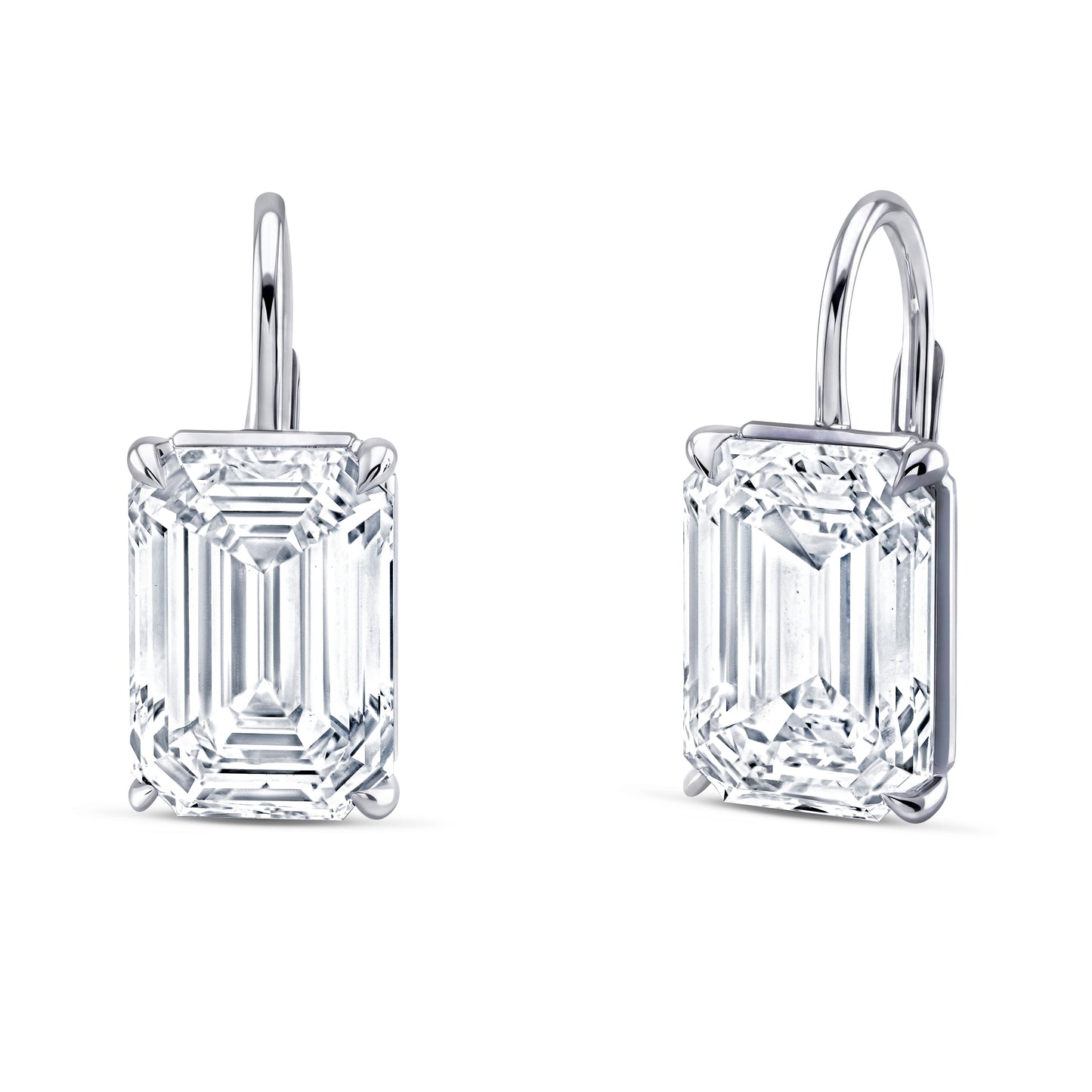 A pair of emerald-cut diamond leverback earrings in 18k white gold, shown from the front and side angles on a clean white background.