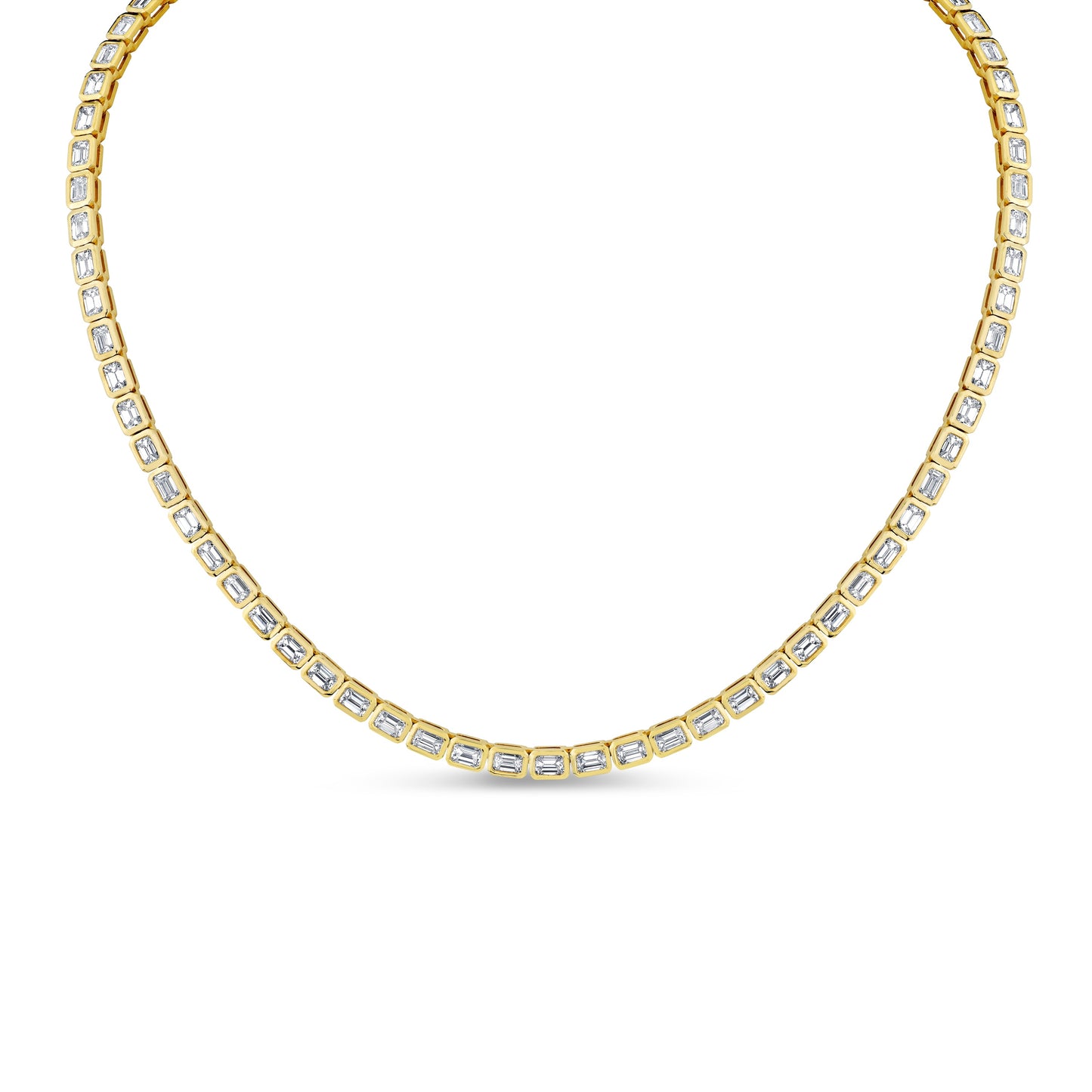 An 18k yellow gold necklace featuring a horizontal line of emerald-cut diamonds set in a bezel on a chain.