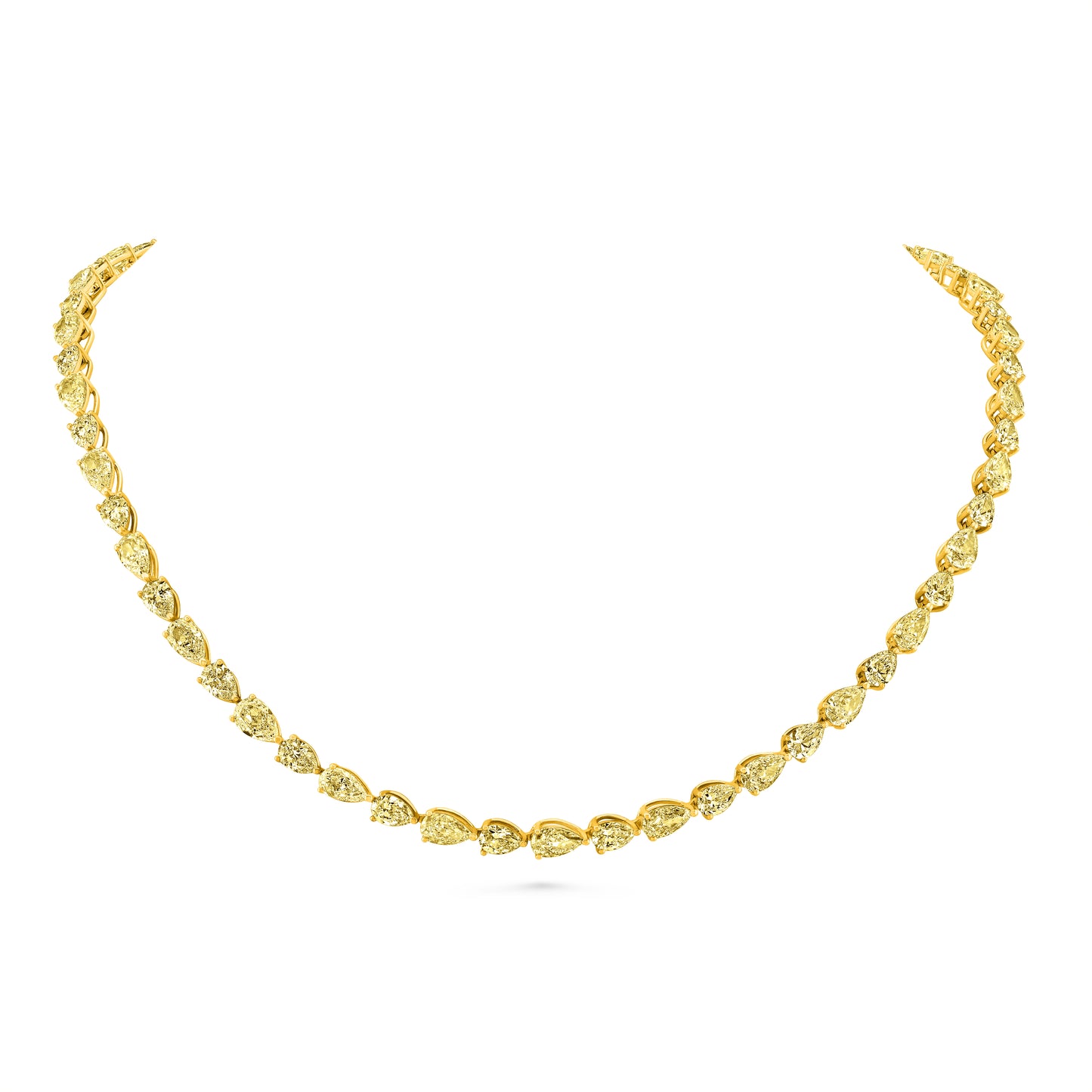 Gold tennis necklace with east west pear yellow diamond on a white background