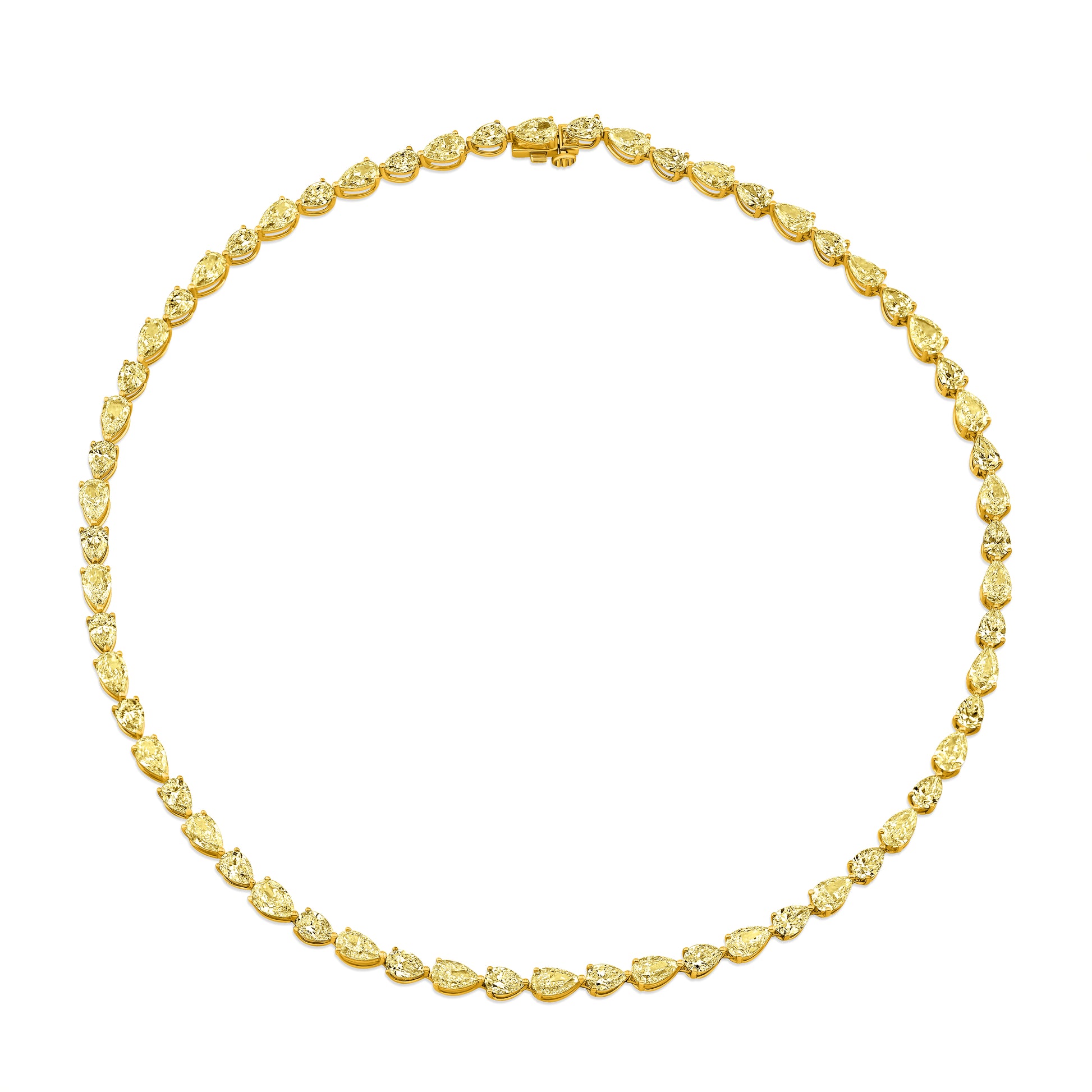 Yellow diamond pear shaped tennis necklace on a white background