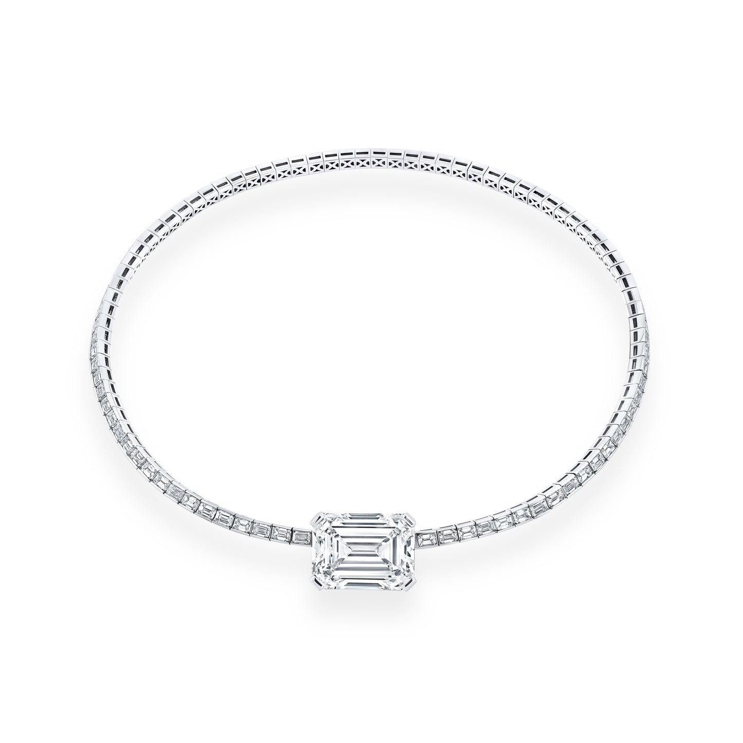 Emerald-cut diamond choker necklace featuring a central emerald-cut diamond center, shown on a clean white background.