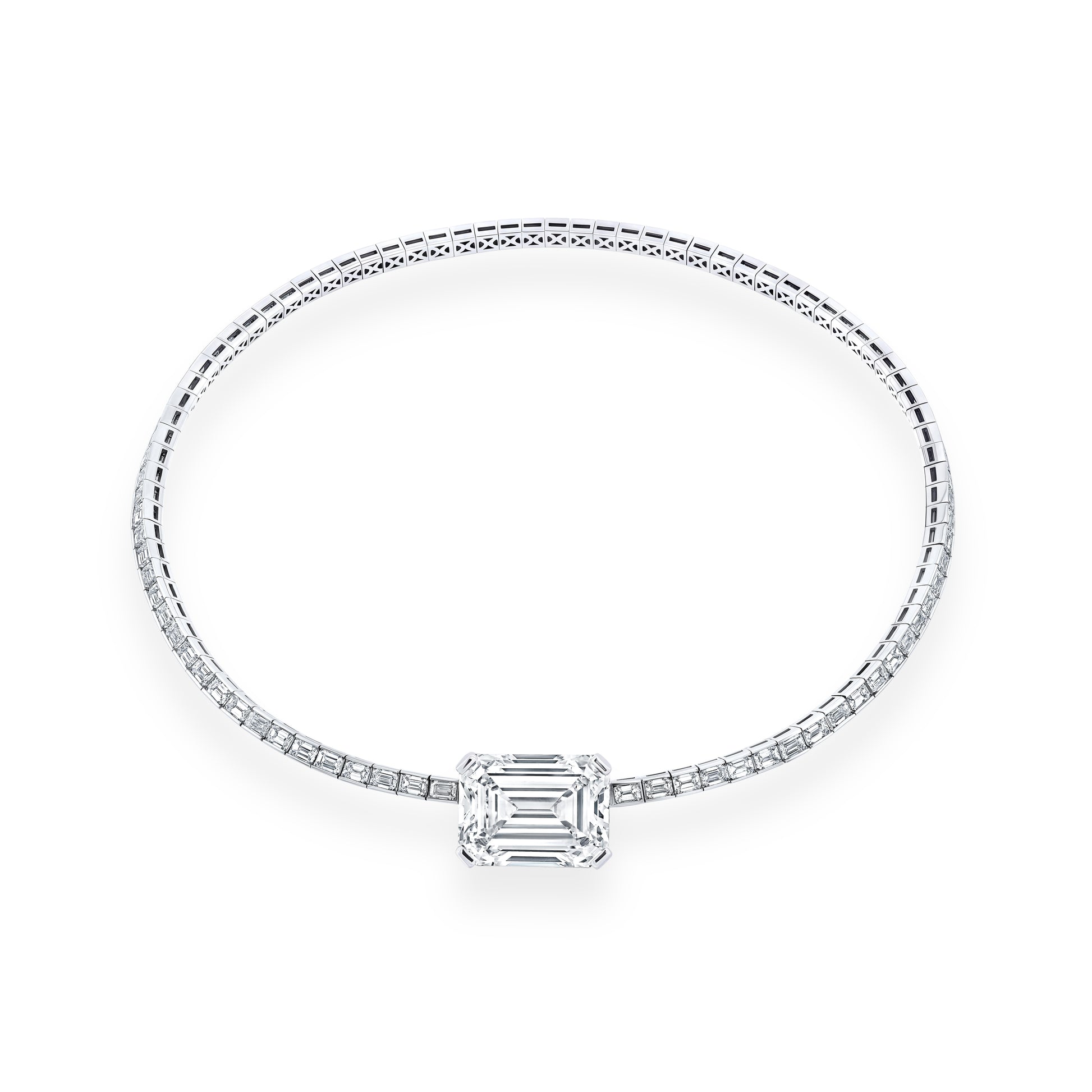 Emerald-cut diamond choker necklace featuring a central emerald-cut diamond center, shown on a clean white background.