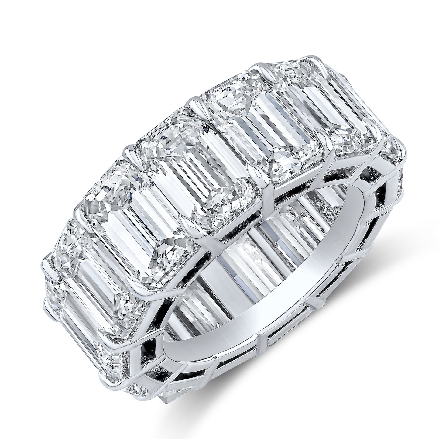 An emerald cut diamond eternity band set in platinum, with multiple diamonds arranged in a continuous row.