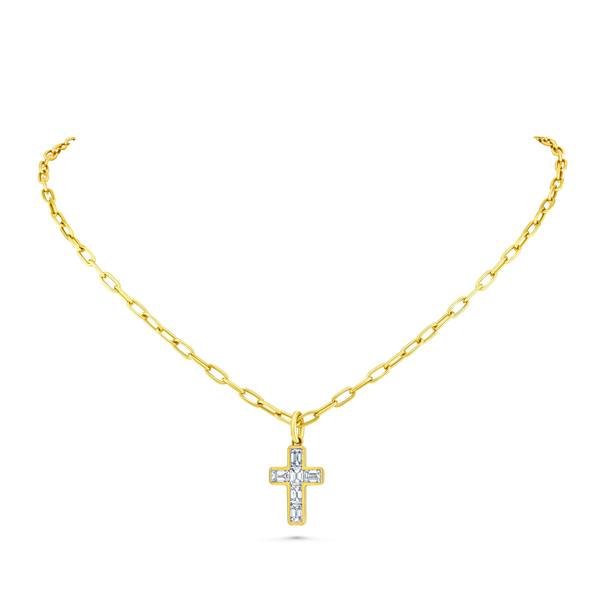 A gold chain necklace with a cross pendant, featuring white diamonds  set in a gold border, displayed against a solid white background.