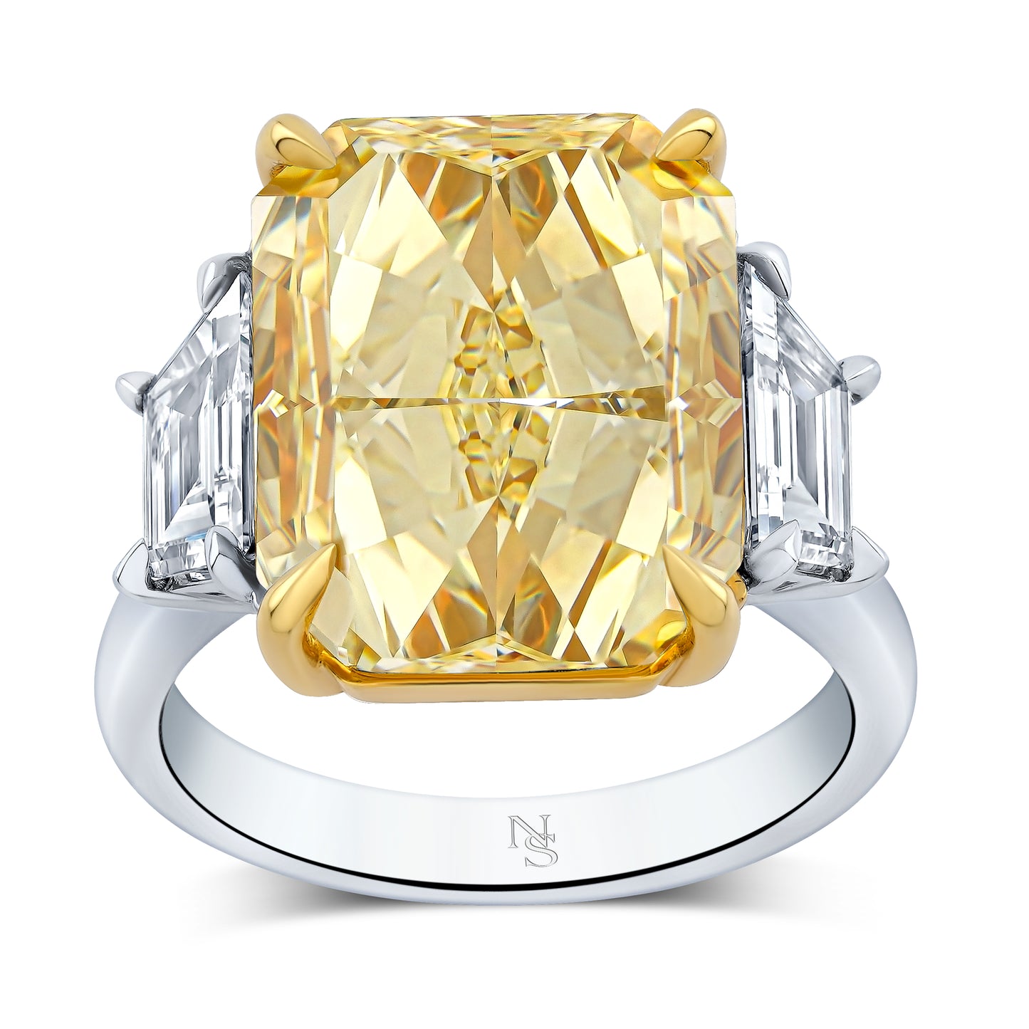 12.12 Carat Radiant Fancy Intense Yellow Diamond 3-stone Ring