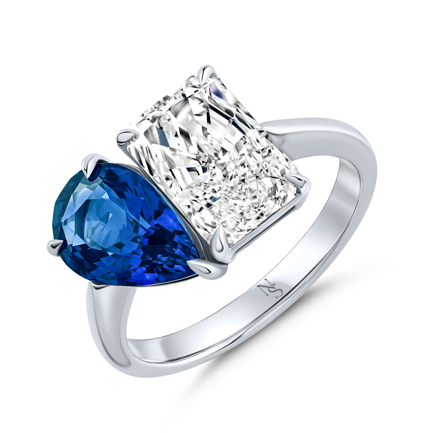 Radiant Diamond and Pear Sapphire Toi Et Moi Ring