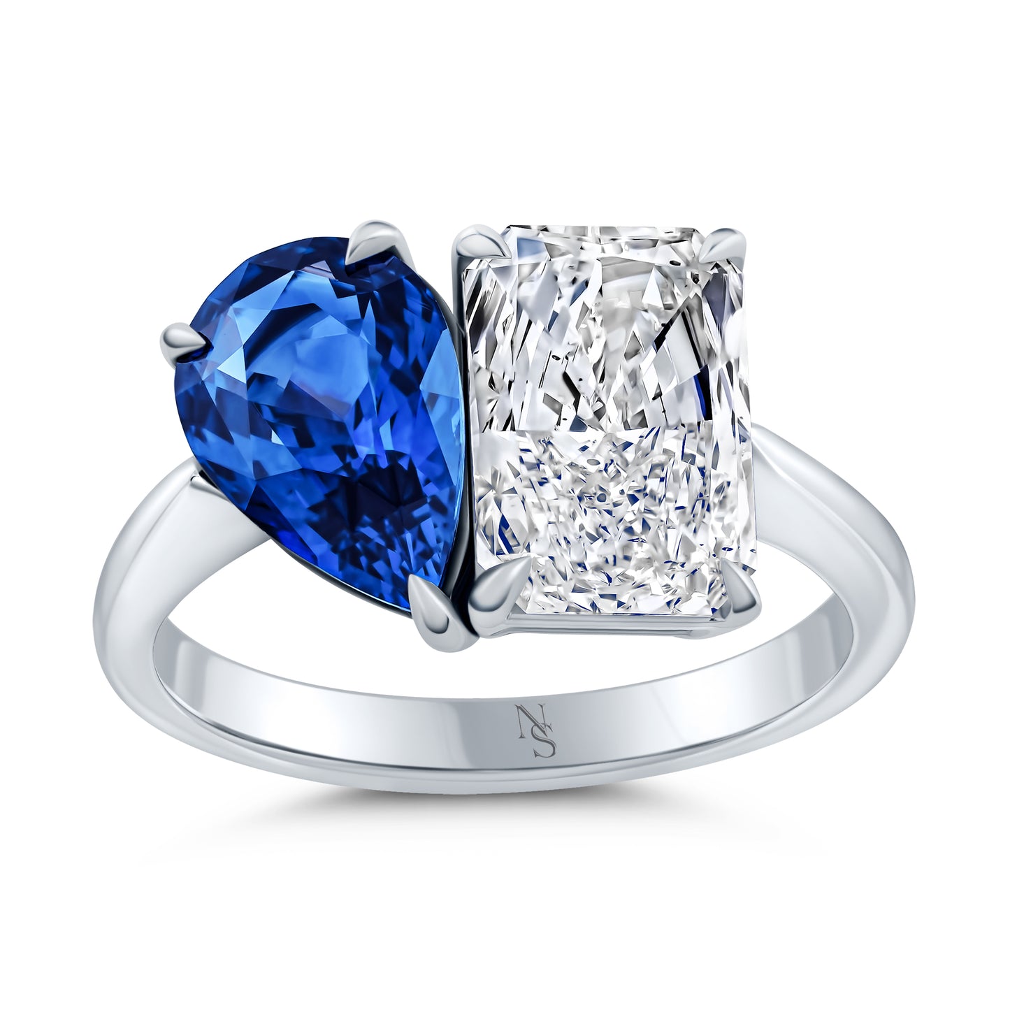 Radiant Diamond and Pear Sapphire Toi Et Moi Ring