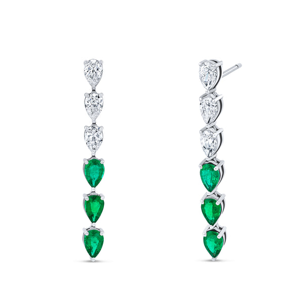 Pear Shaped Diamond and Emerald Drop Earrings