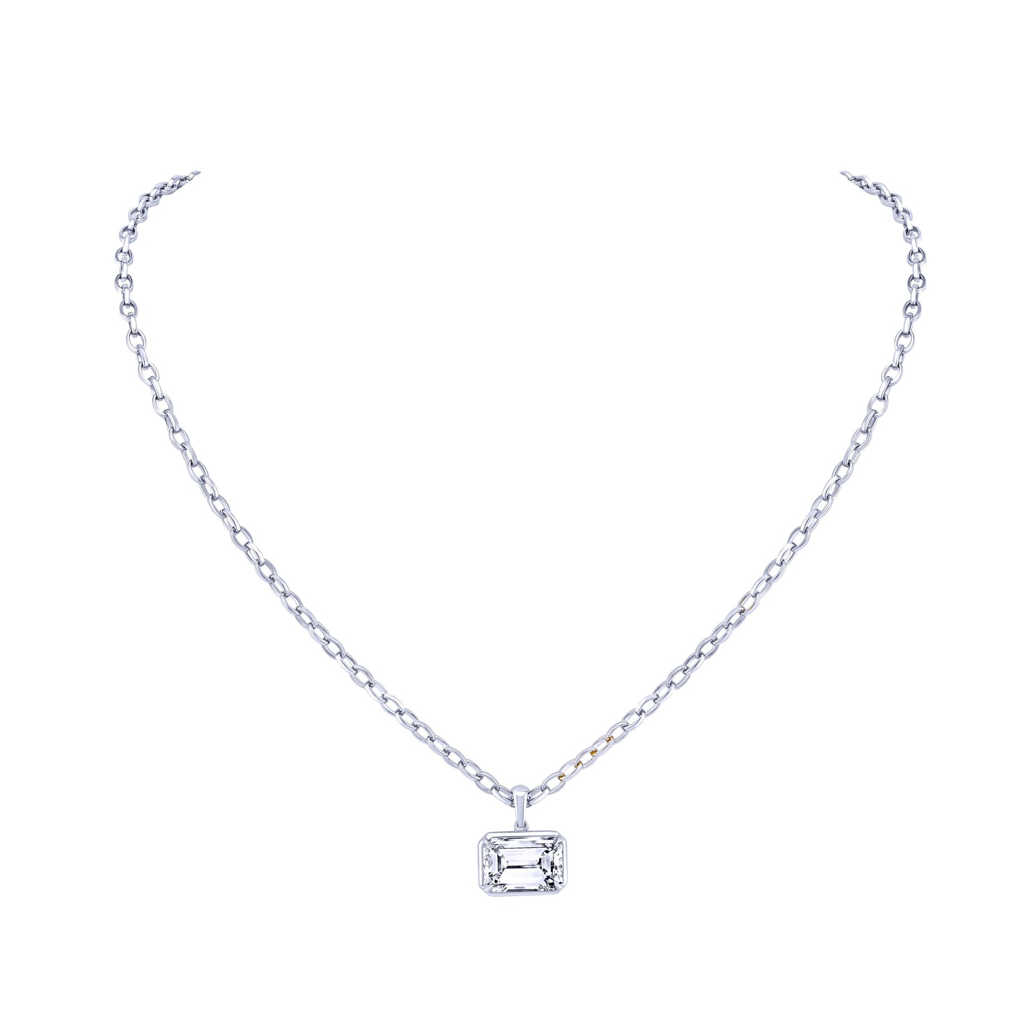 East West Bezel Set Emerald Cut Diamond Pendant