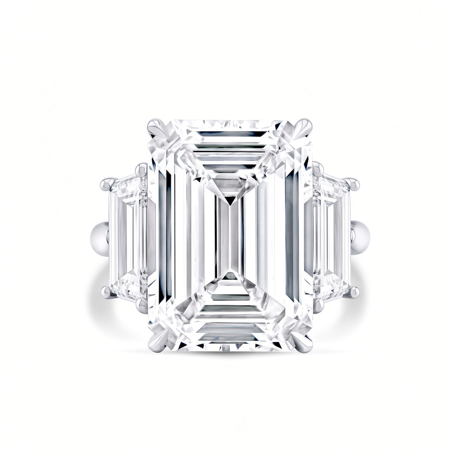 Emerald Cut Diamond Three-Stone Ring with Trapezoid Accents
