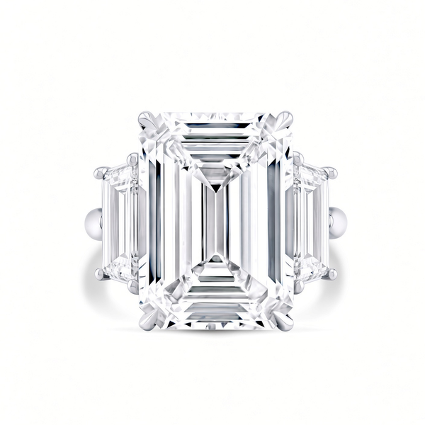 Emerald Cut Diamond Three-Stone Ring with Trapezoid Accents