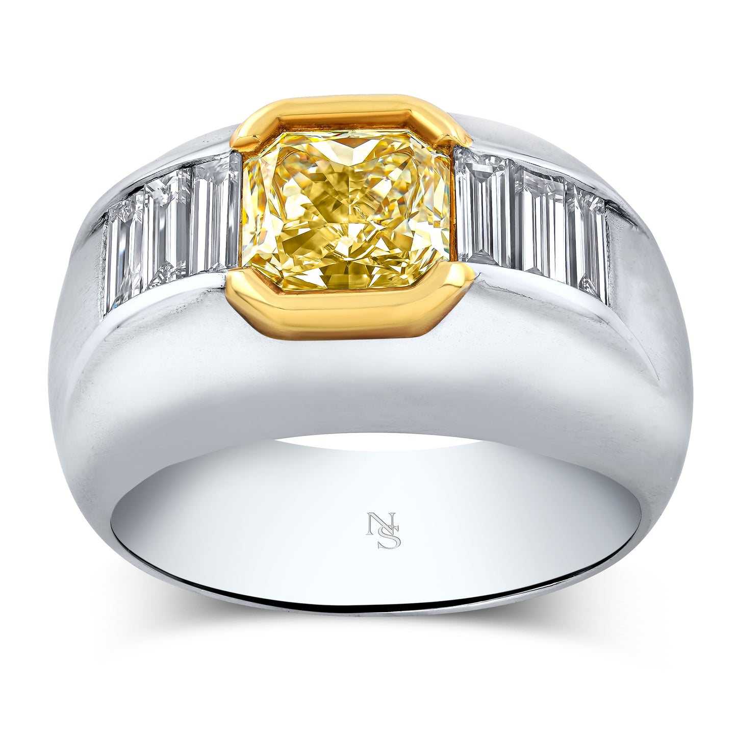 Fancy Yellow Radiant Diamond Bezel Set Gents Ring