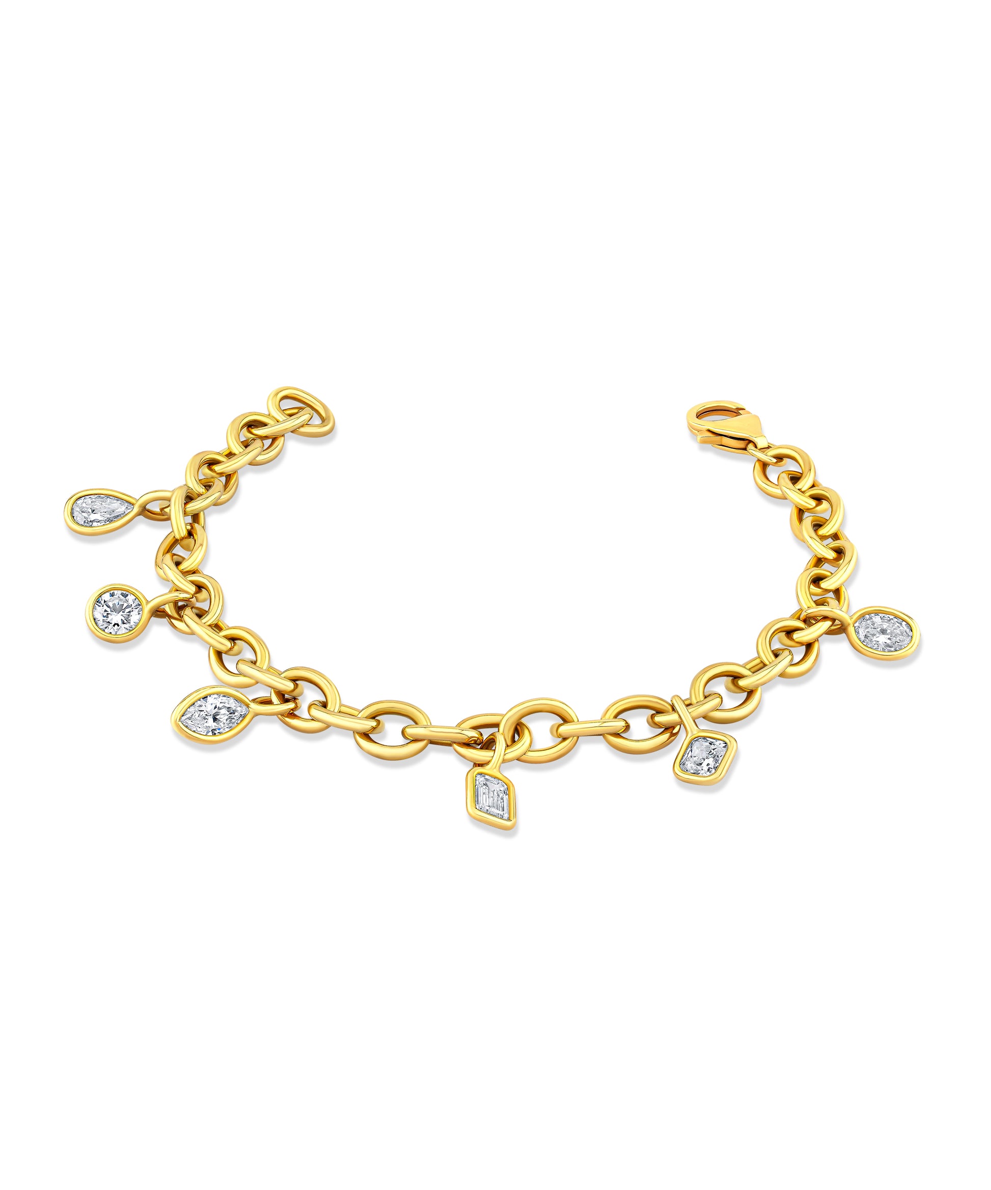 Gold charm bracelet with mixed shape diamond accents.