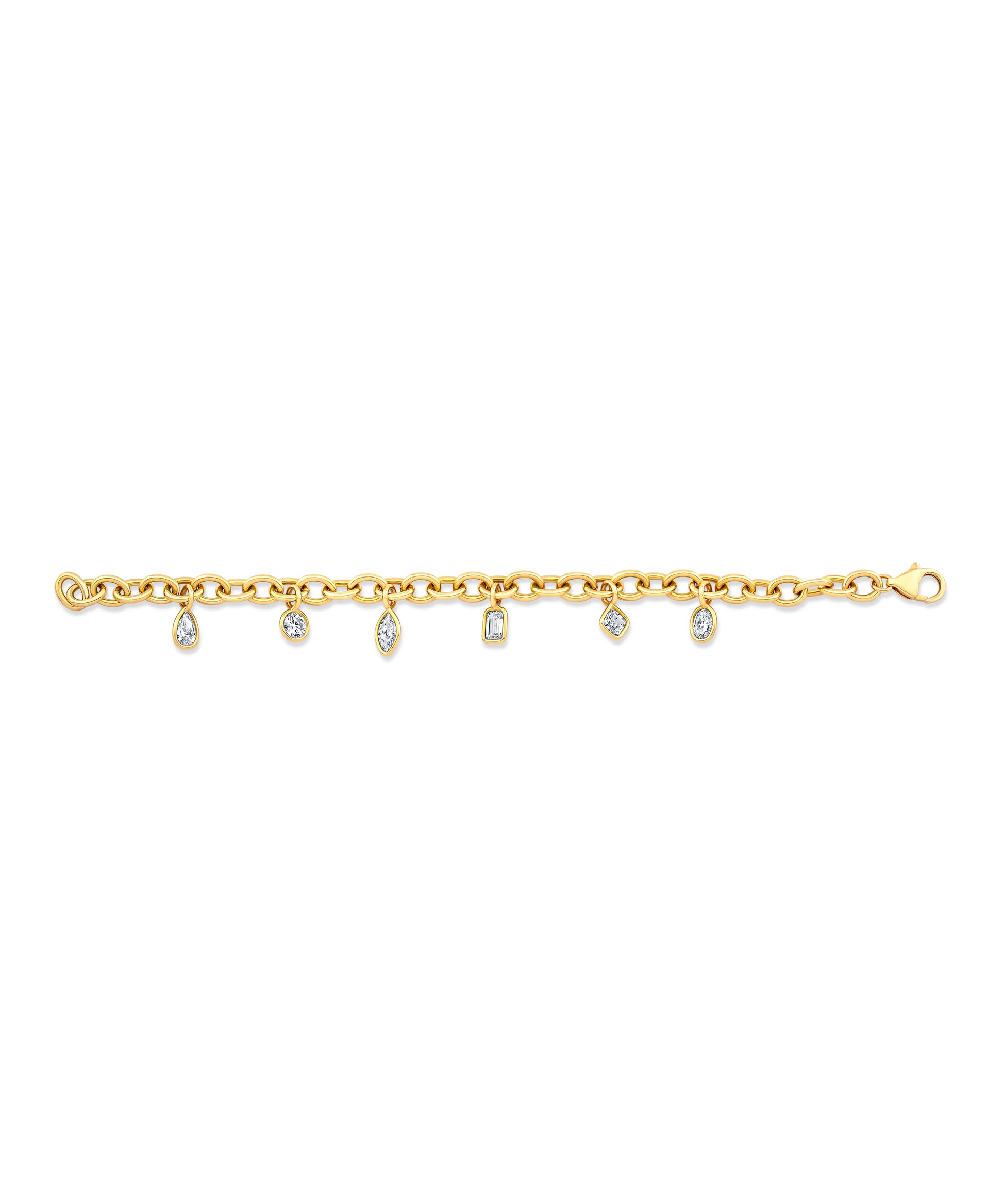 Charm bracelet with small mixed diamond shaped stones set in 18k gold.