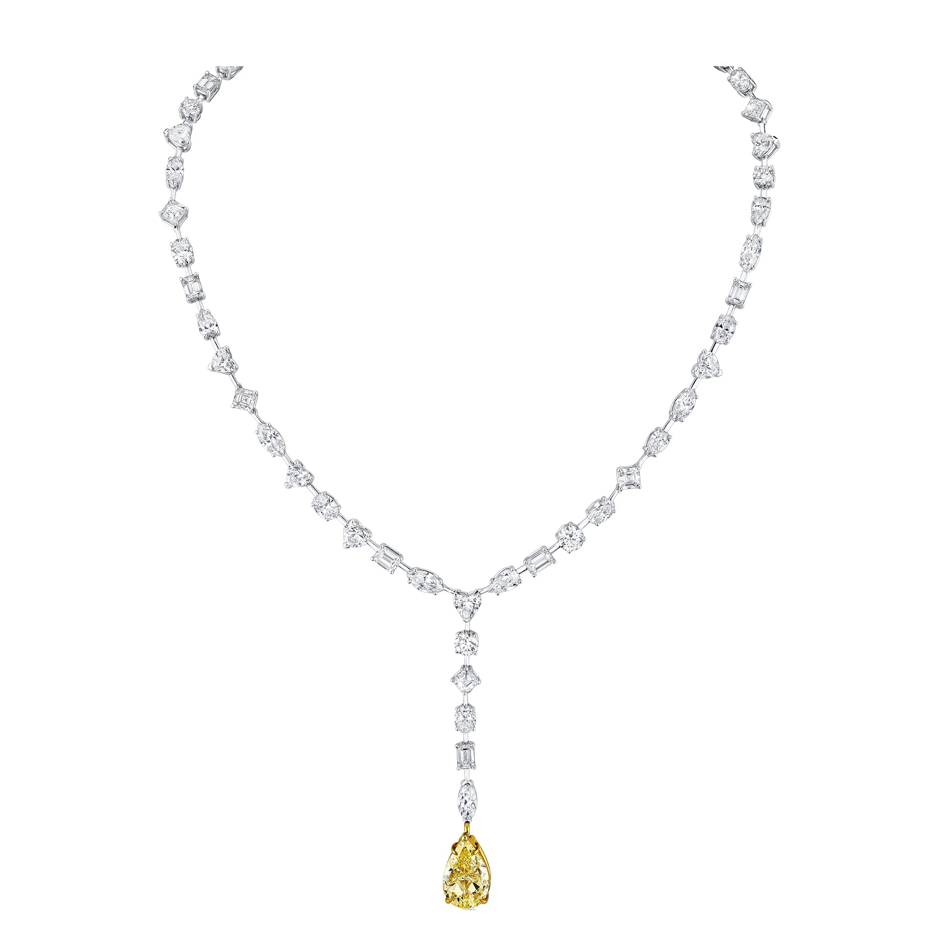 A lariat necklace featuring multiple clear diamonds along the chain and a large fancy yellow pear diamond drop.