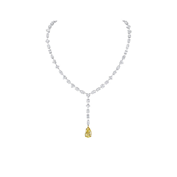 Diamond necklace with a yellow pear-shaped diamond.