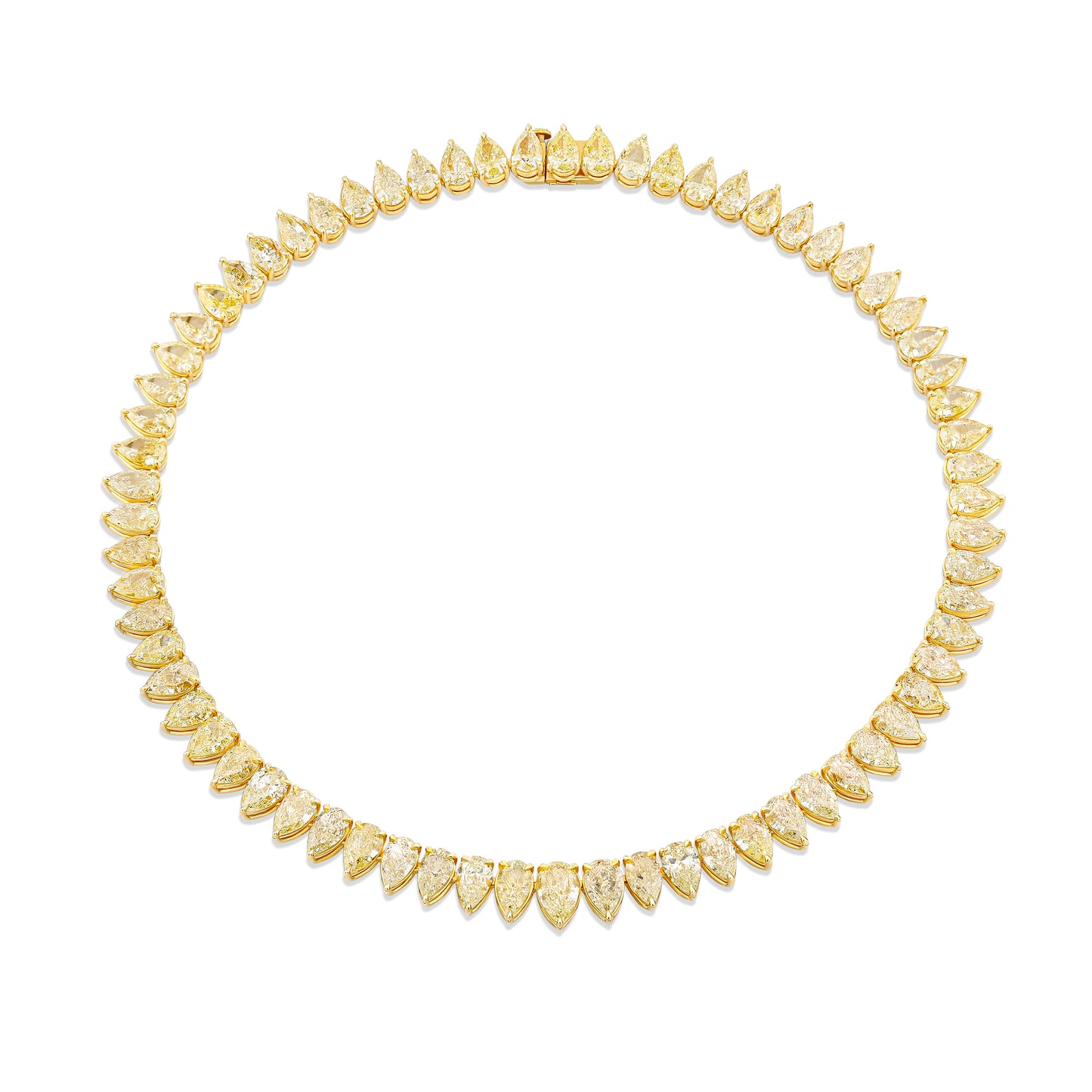 Gold necklace with teardrop-shaped pendants on a white background