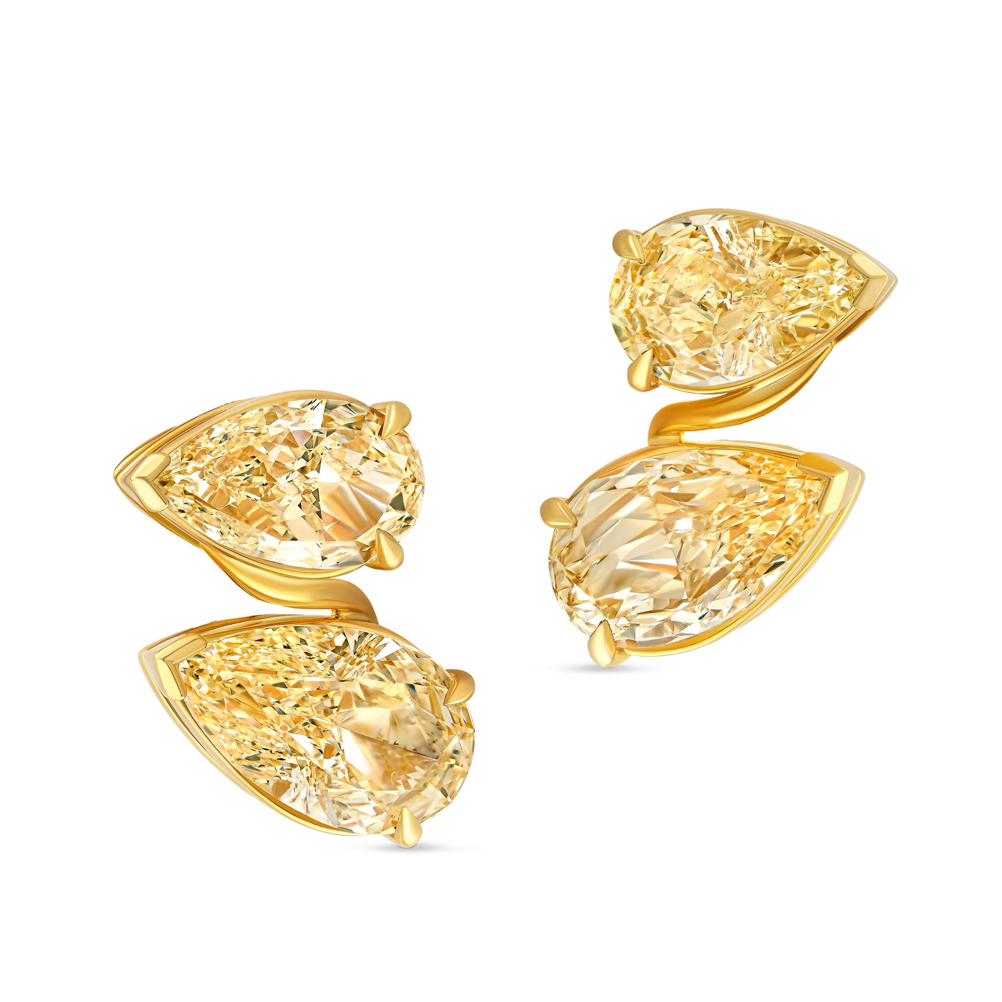 Gold earrings with fancy yellow diamonds on a white background