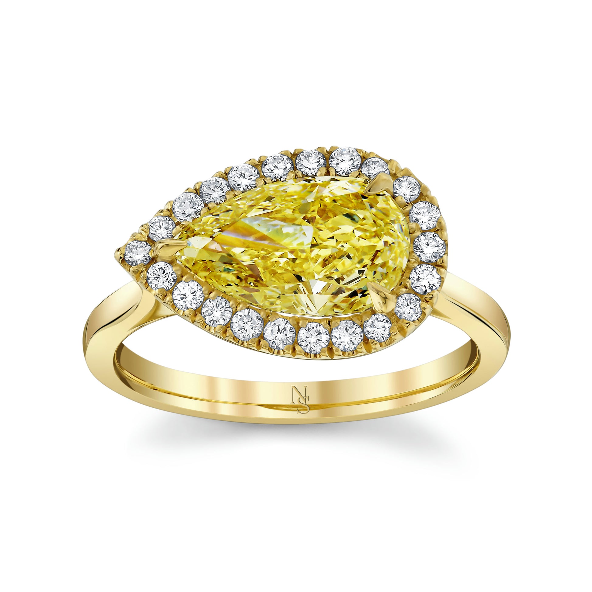 A yellow pear-shaped diamond halo ring with a halo of smaller diamonds around it, set in yellow gold.