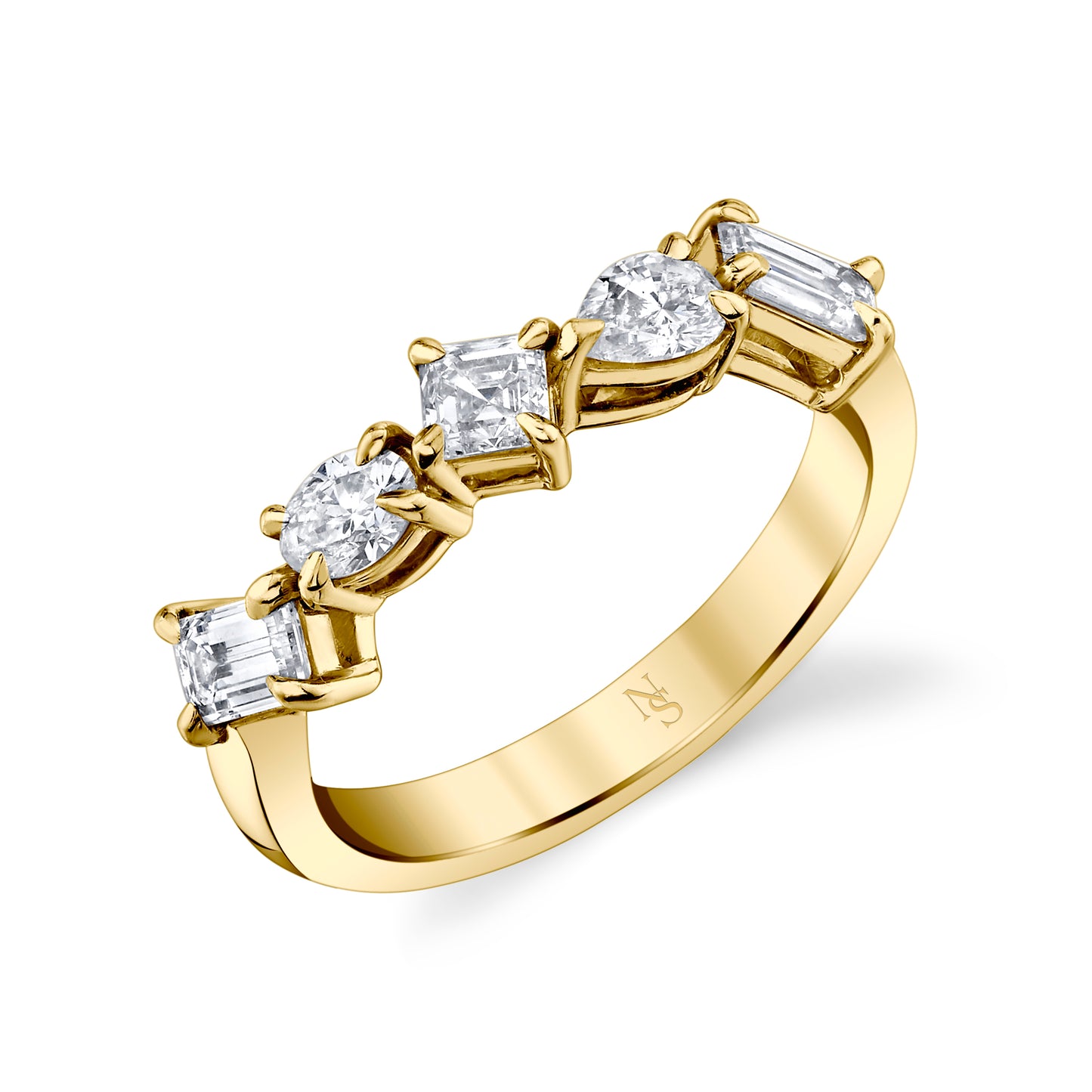 A five mixed shape diamond ring with the diamonds set in a curved band, the ring is made of 18K yellow gold.