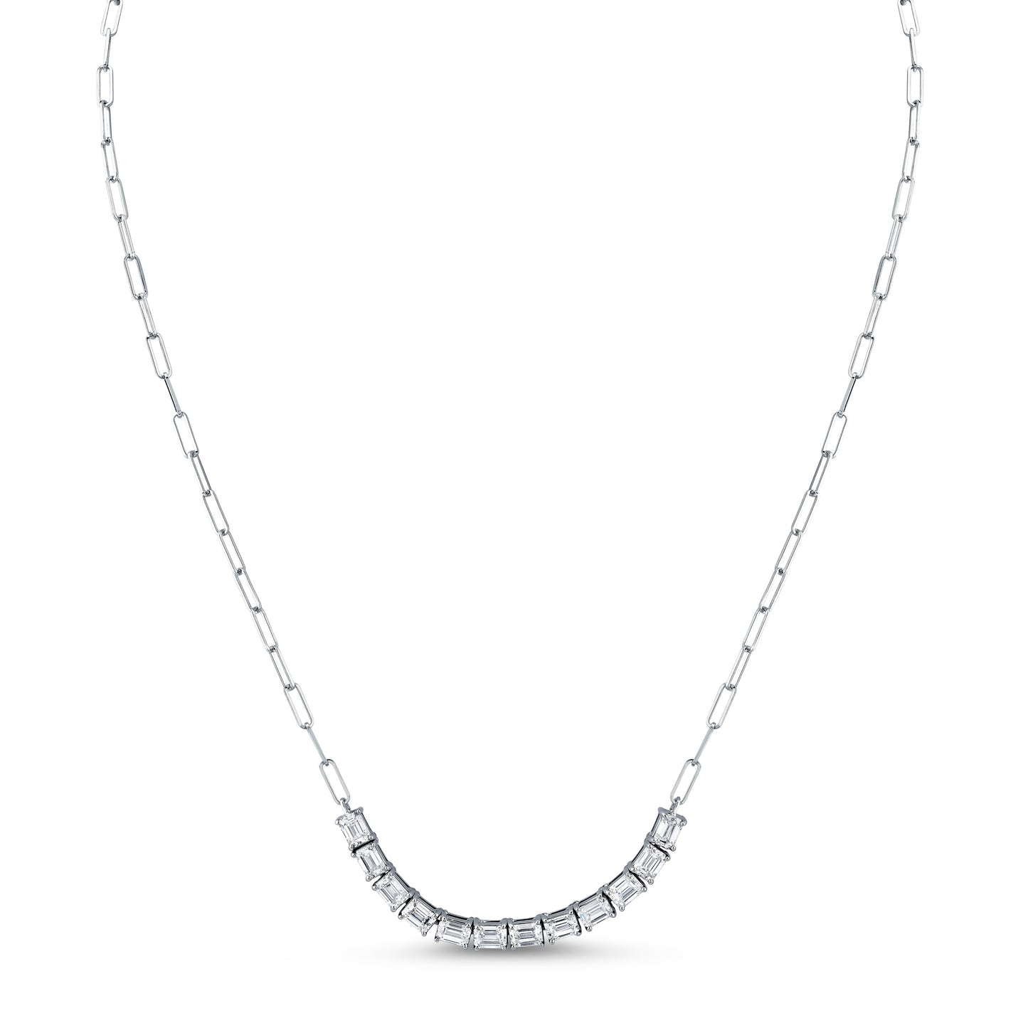 An 18k gold pendant necklace featuring an emerald cut diamond, attached to a paperclip chain by Norman Silverman