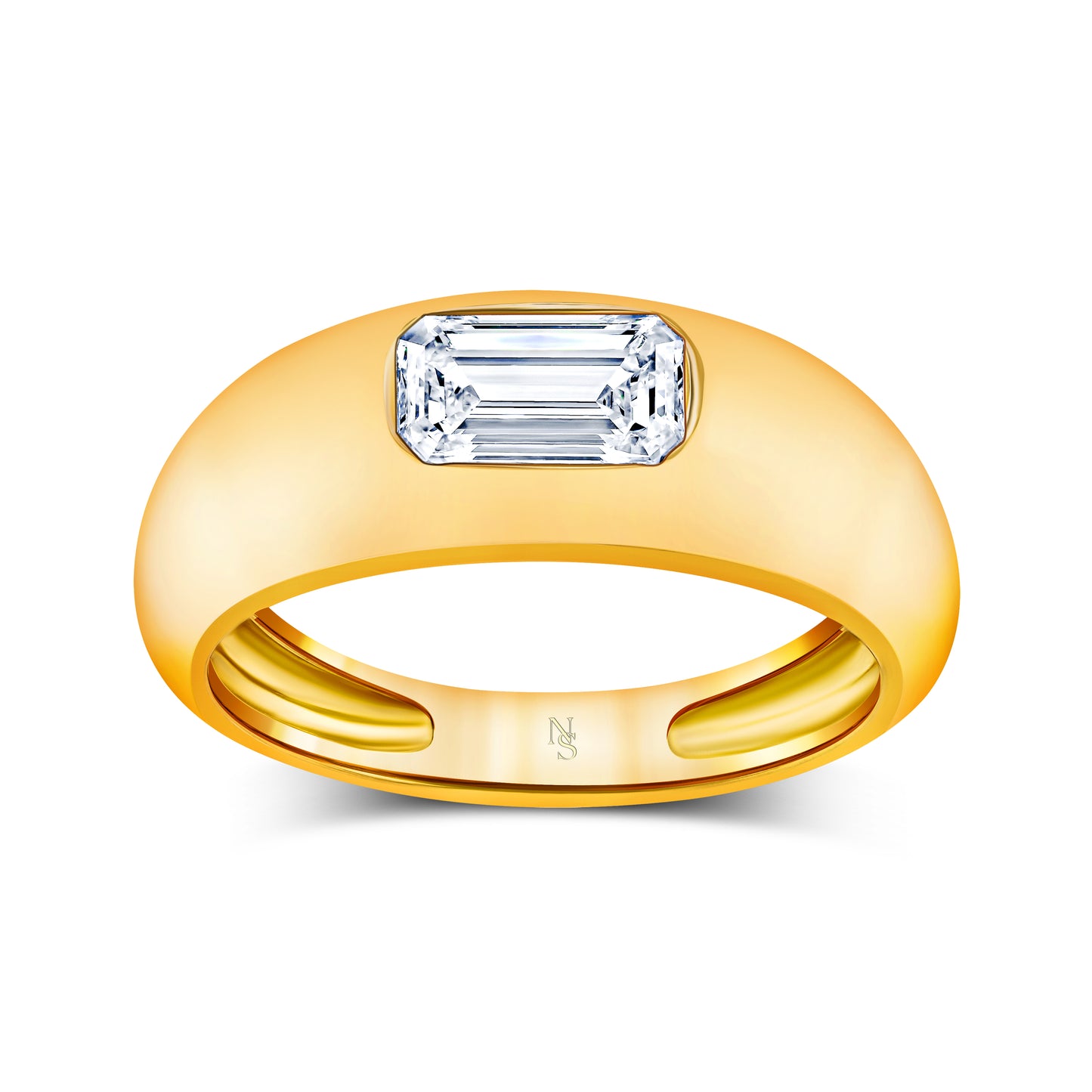 Gold ring with a rectangular diamond on a white background