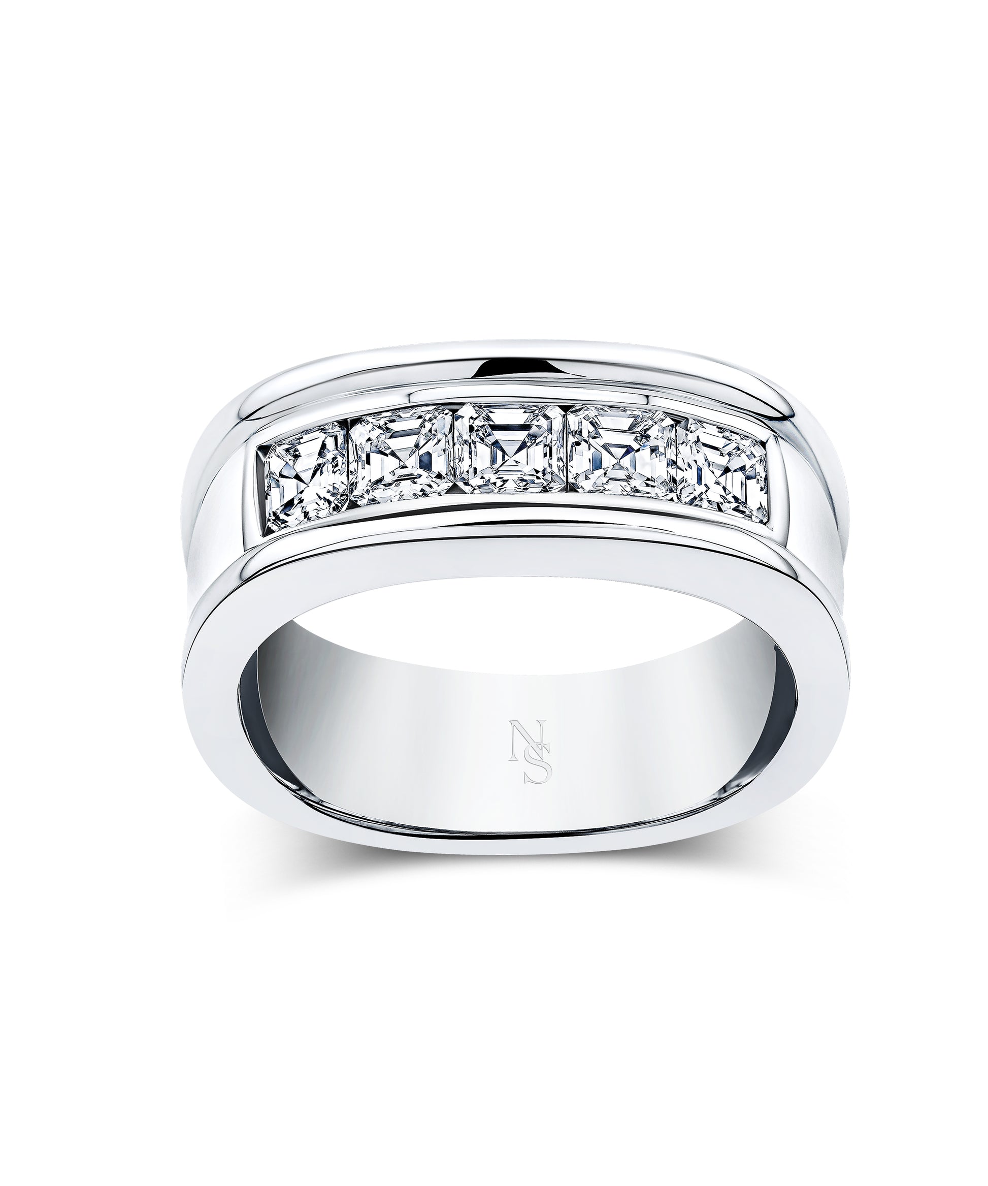 18k white gold men's wedding ring with diamond accents.