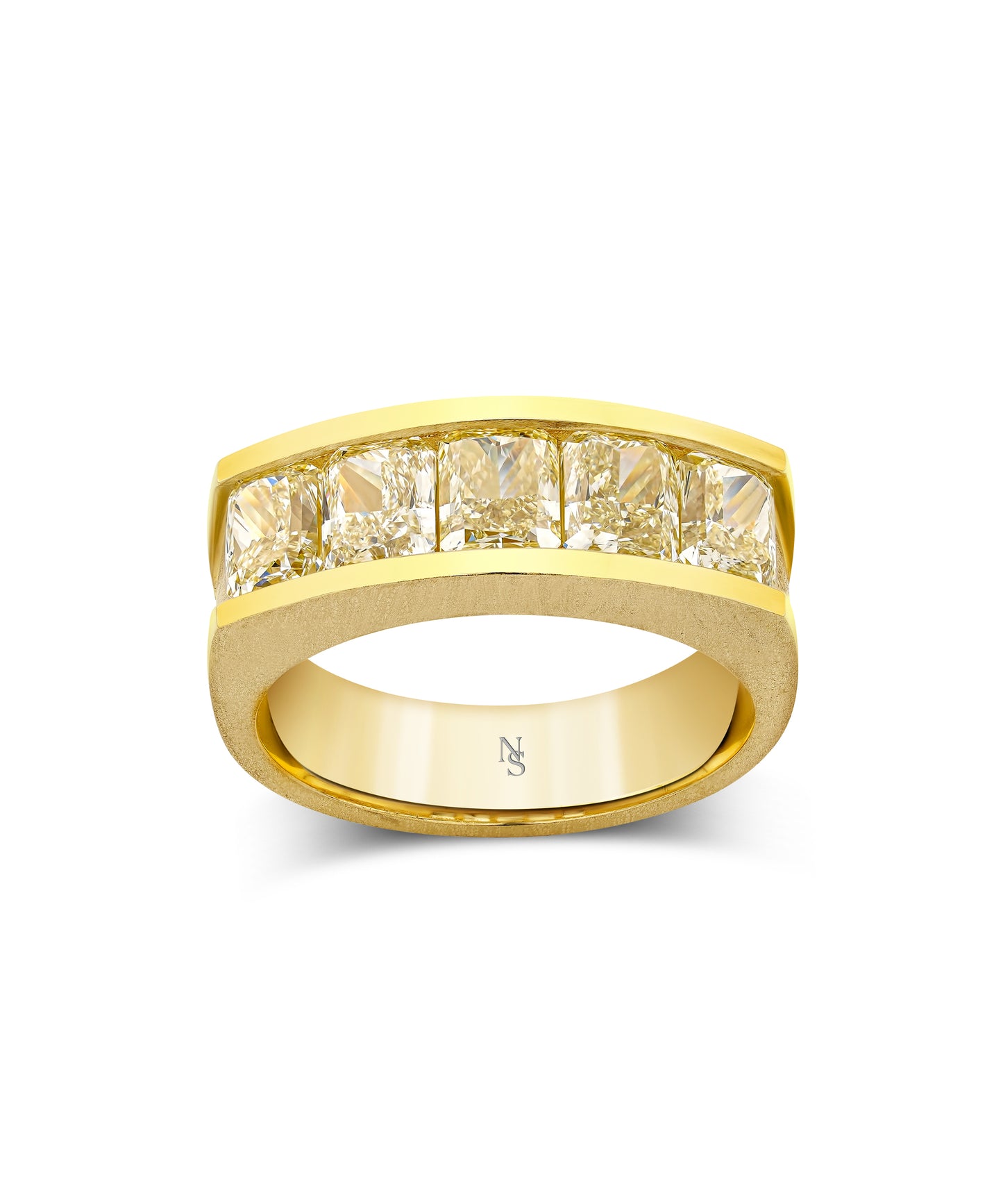 18k gold men's ring with rectangular fancy yellow colored diamonds.