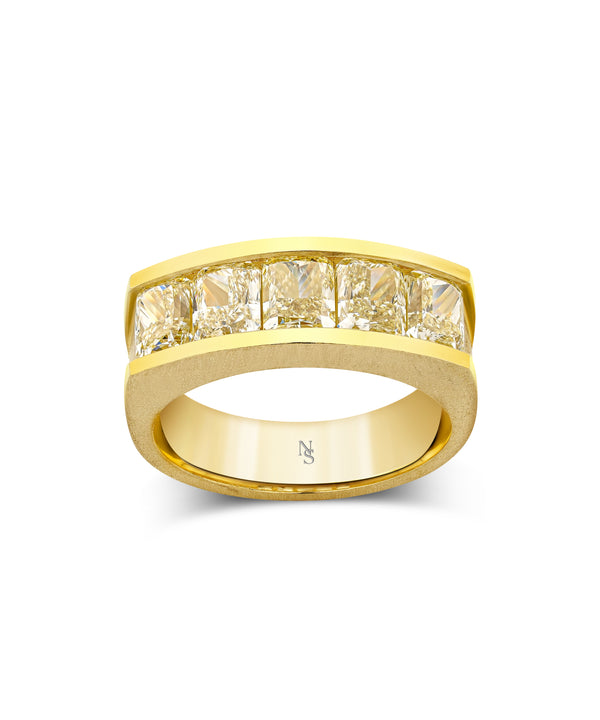 18k gold men's ring with rectangular fancy yellow colored diamonds.