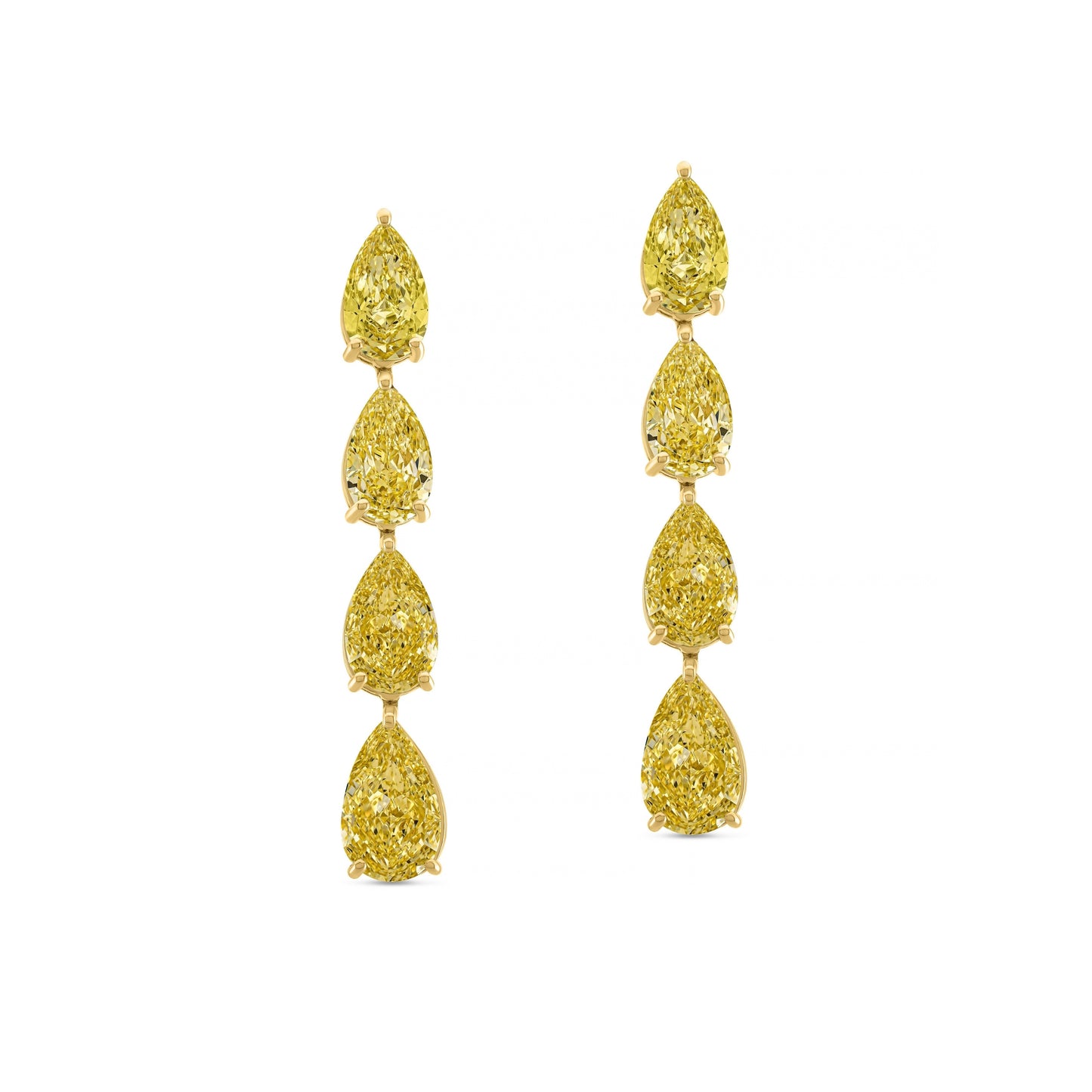 A pair of yellow diamond drop earrings with pear-shaped yellow diamonds set in yellow gold, shown against a plain white background.