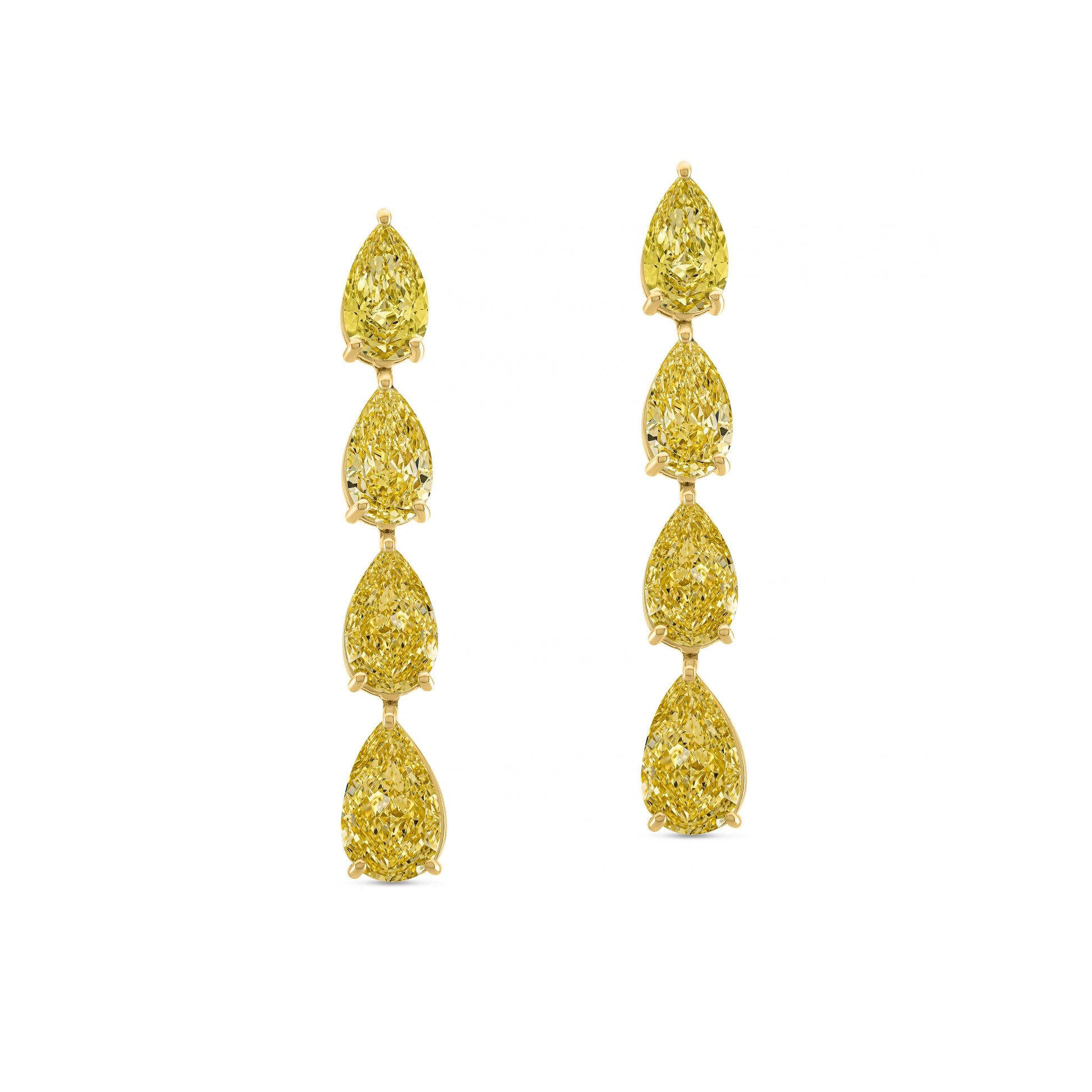 A pair of yellow diamond drop earrings with pear-shaped yellow diamonds set in yellow gold, shown against a plain white background.