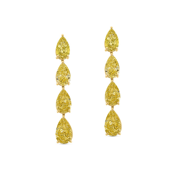 A pair of yellow diamond drop earrings with pear-shaped yellow diamonds set in yellow gold, shown against a plain white background.