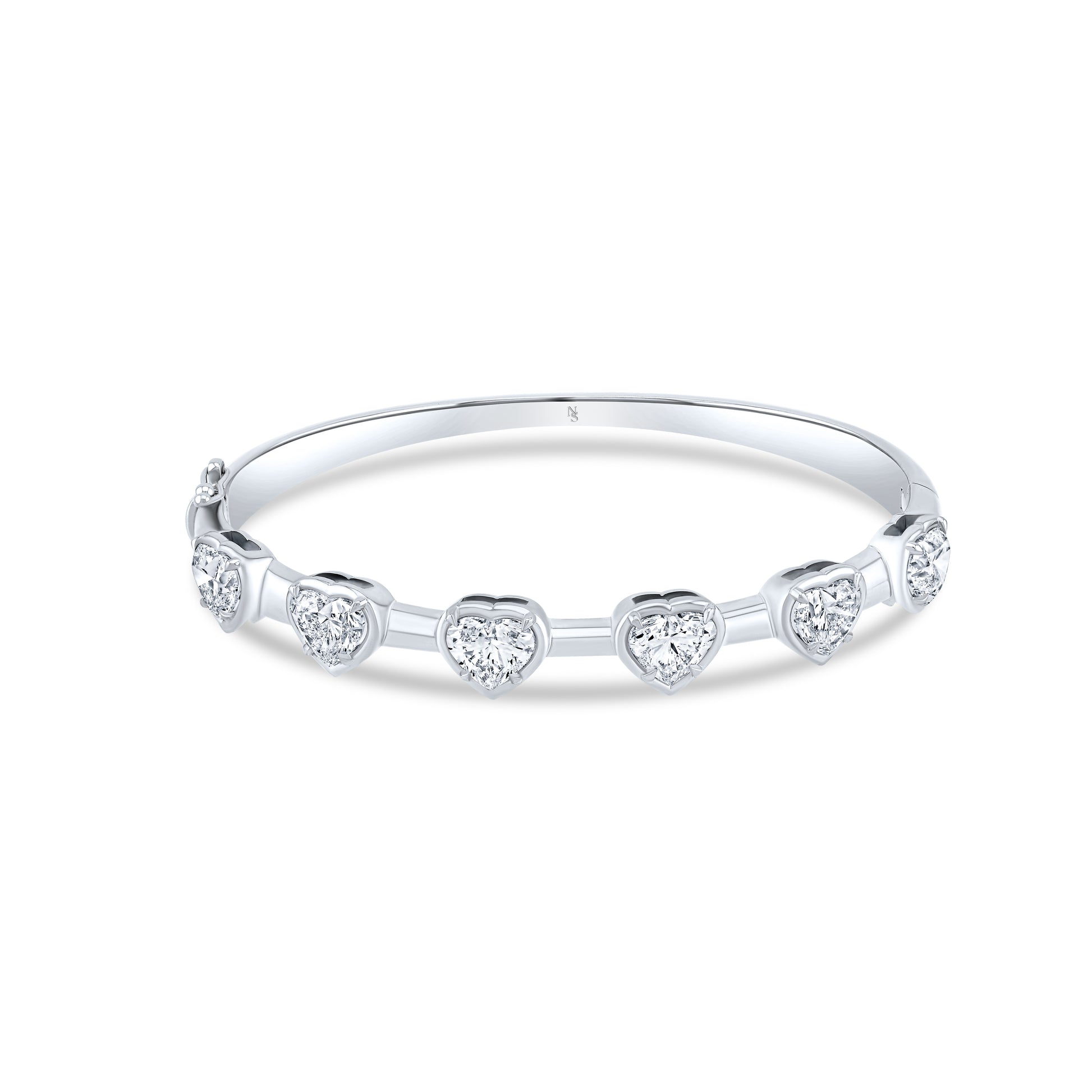 A white gold bracelet featuring five small heart-shaped diamonds spaced evenly along the band, set against a plain white background.