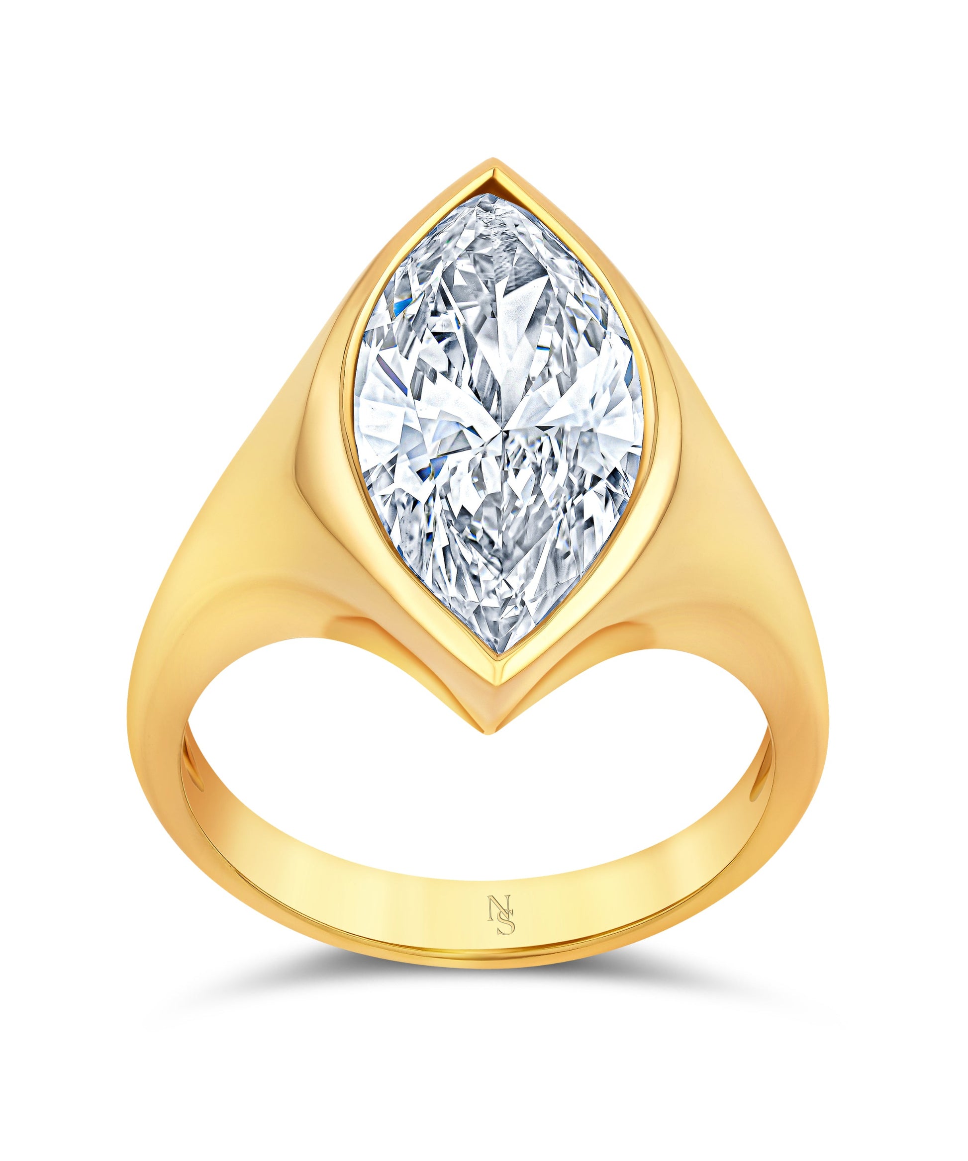 Gold ring with a large marquise solitaire diamond ring by Norman Silverman