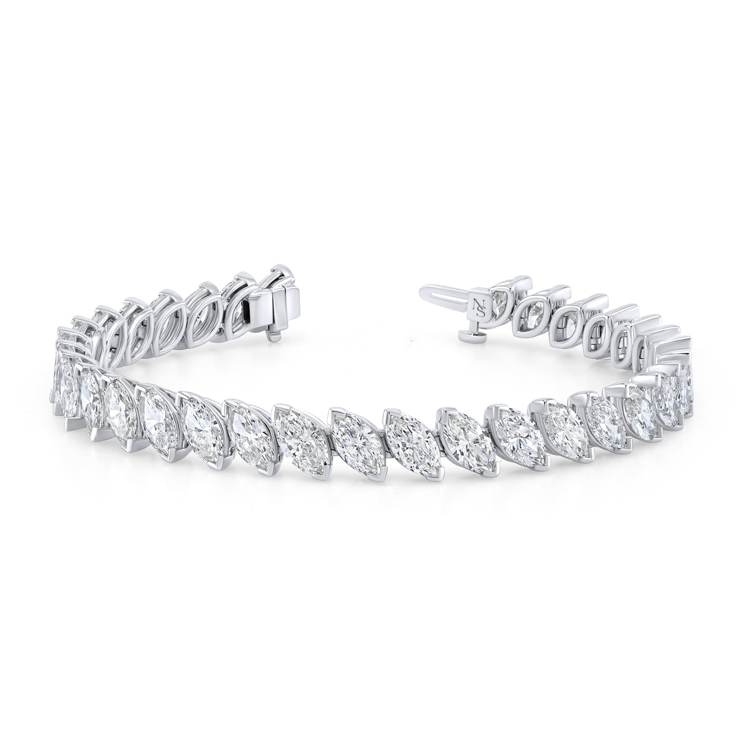A white gold bracelet featuring marquise-cut diamonds set in a tilted pattern.