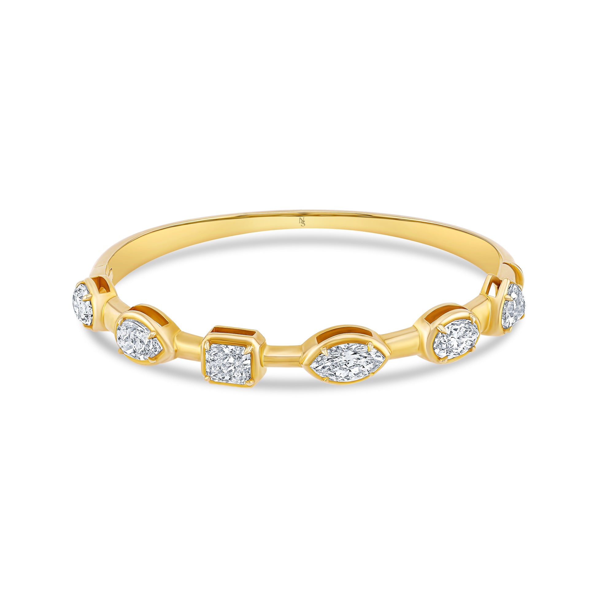 A yellow gold bangle bracelet featuring a row of diamonds in marquise, round, and square shapes, shown on a white background.
