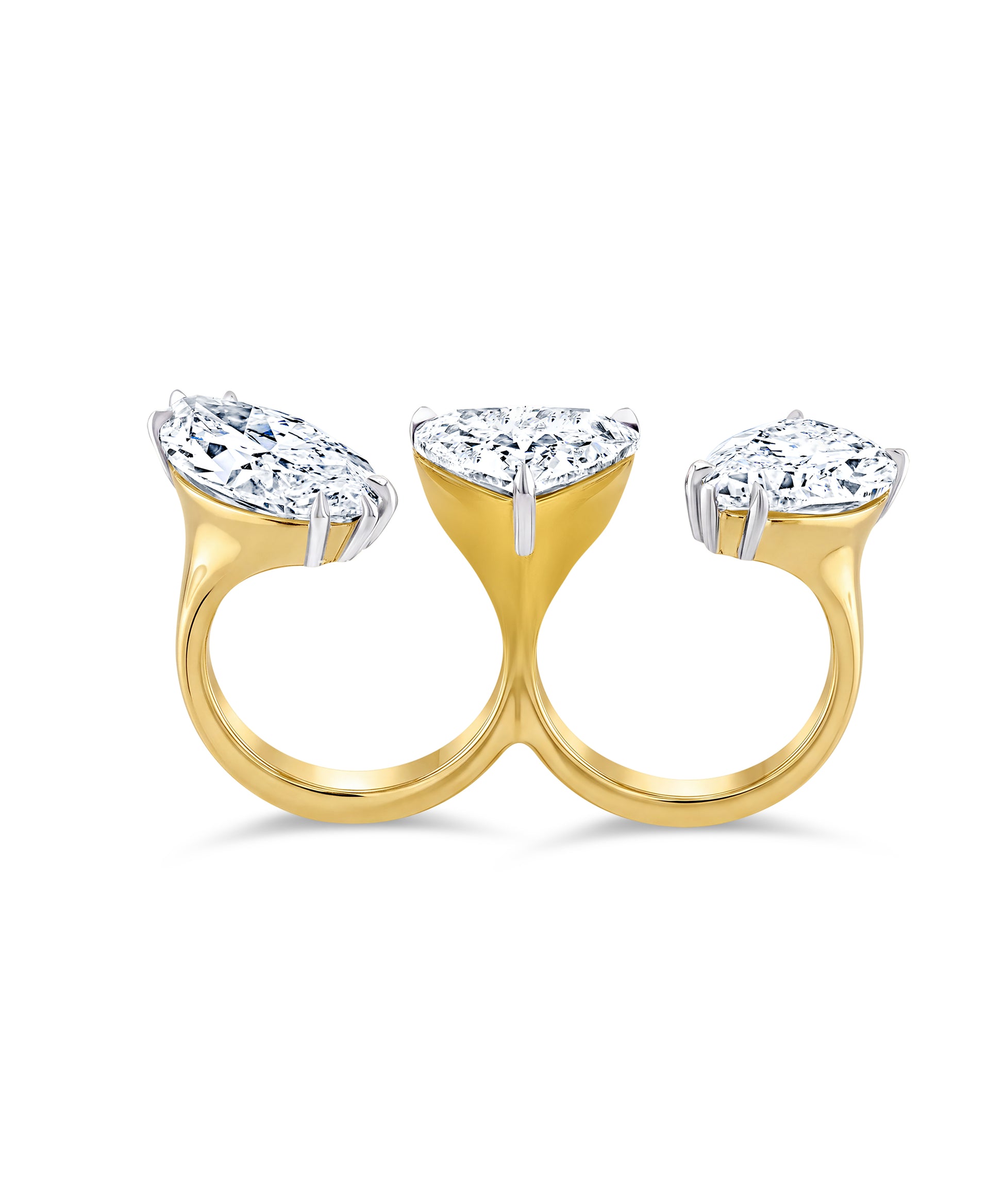 A mixed shaped three-stone diamond two-finger ring set in a gold, shown on a clean white background.