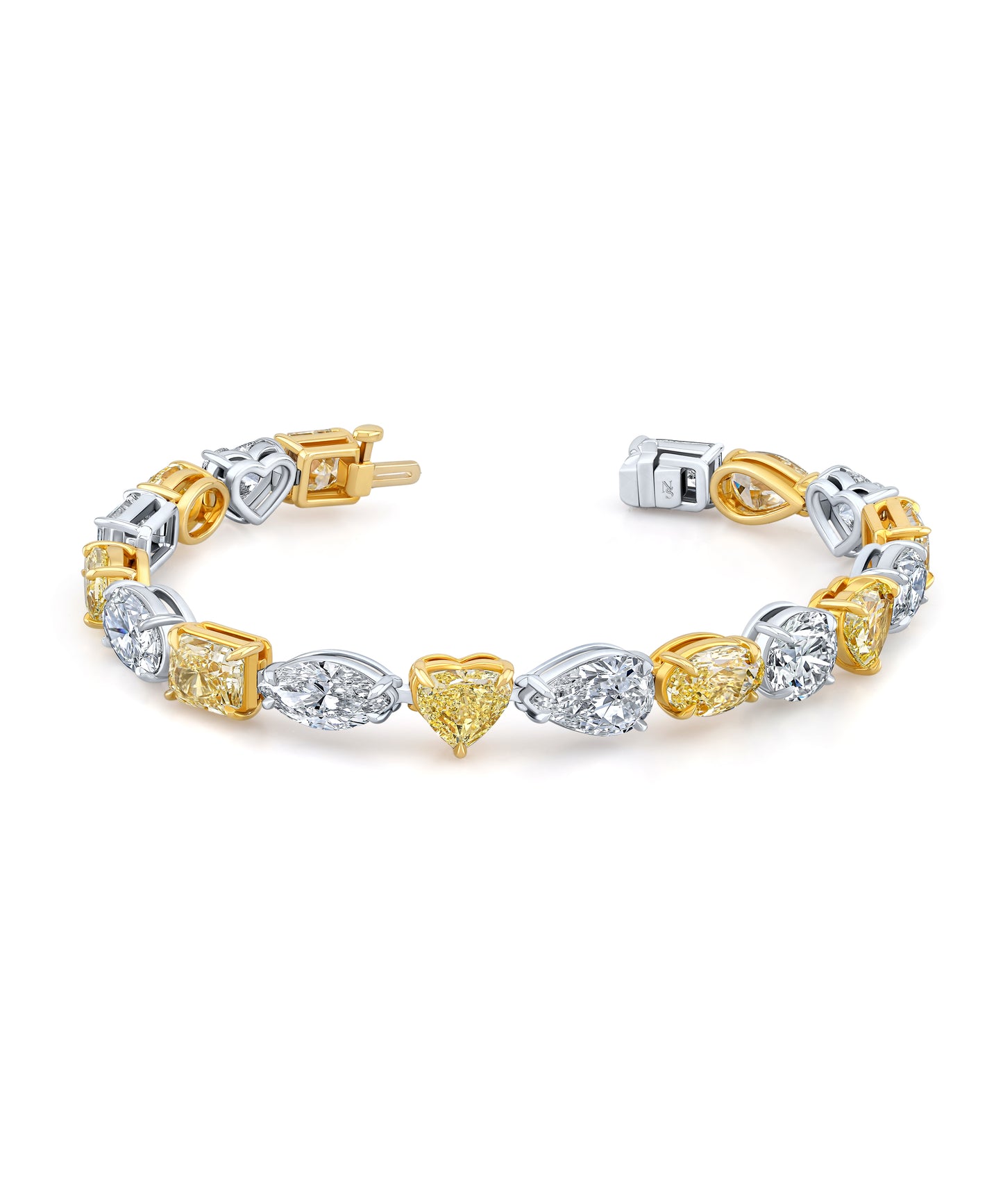 Mixed shape diamond bracelets in gold and white gold on a white background