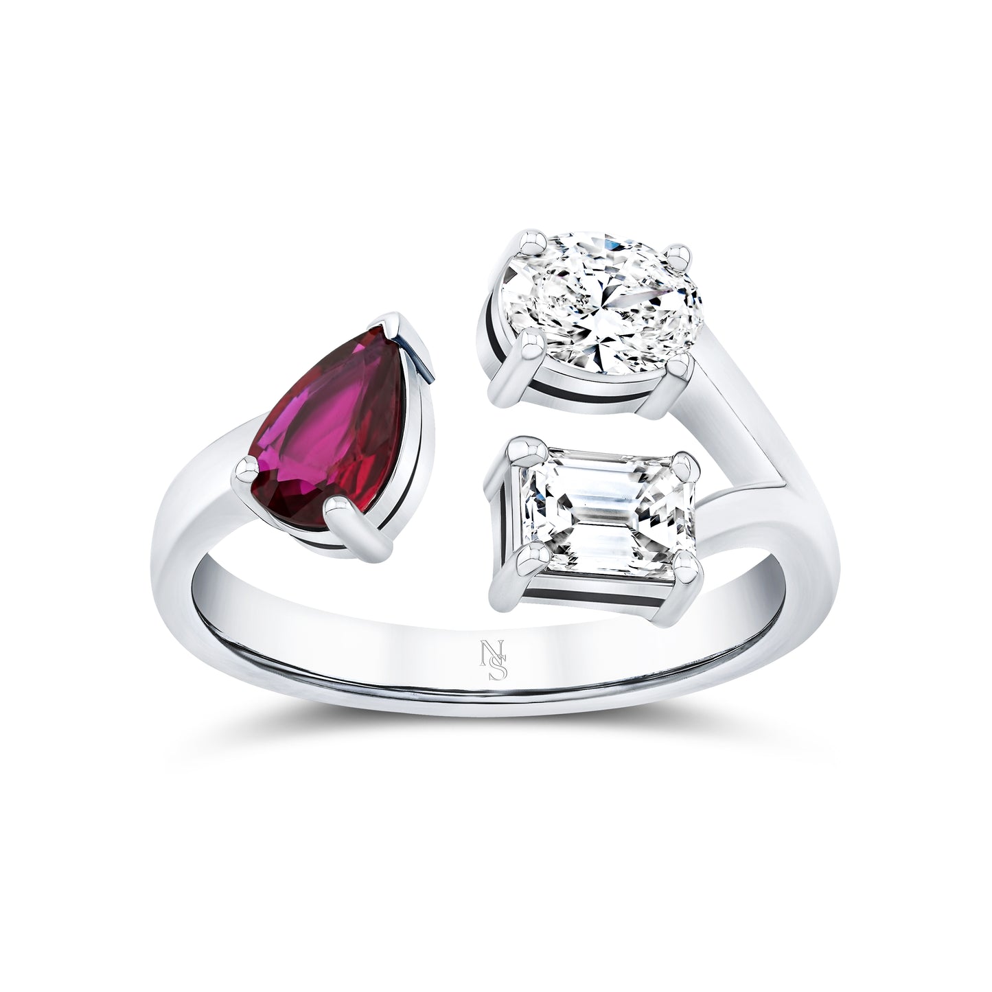 White gold with a red ruby gemstone and two oval and emerald-cut diamonds on a white background