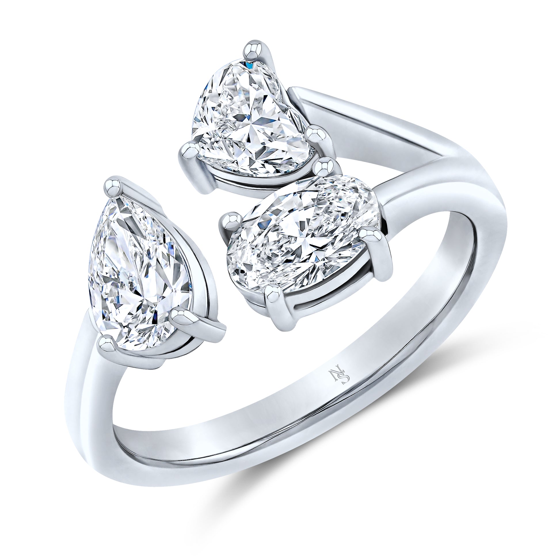 Mixed Shape Three-Stone Diamond Bypass Ring featuring oval, pear, and heart shaped diamonds.