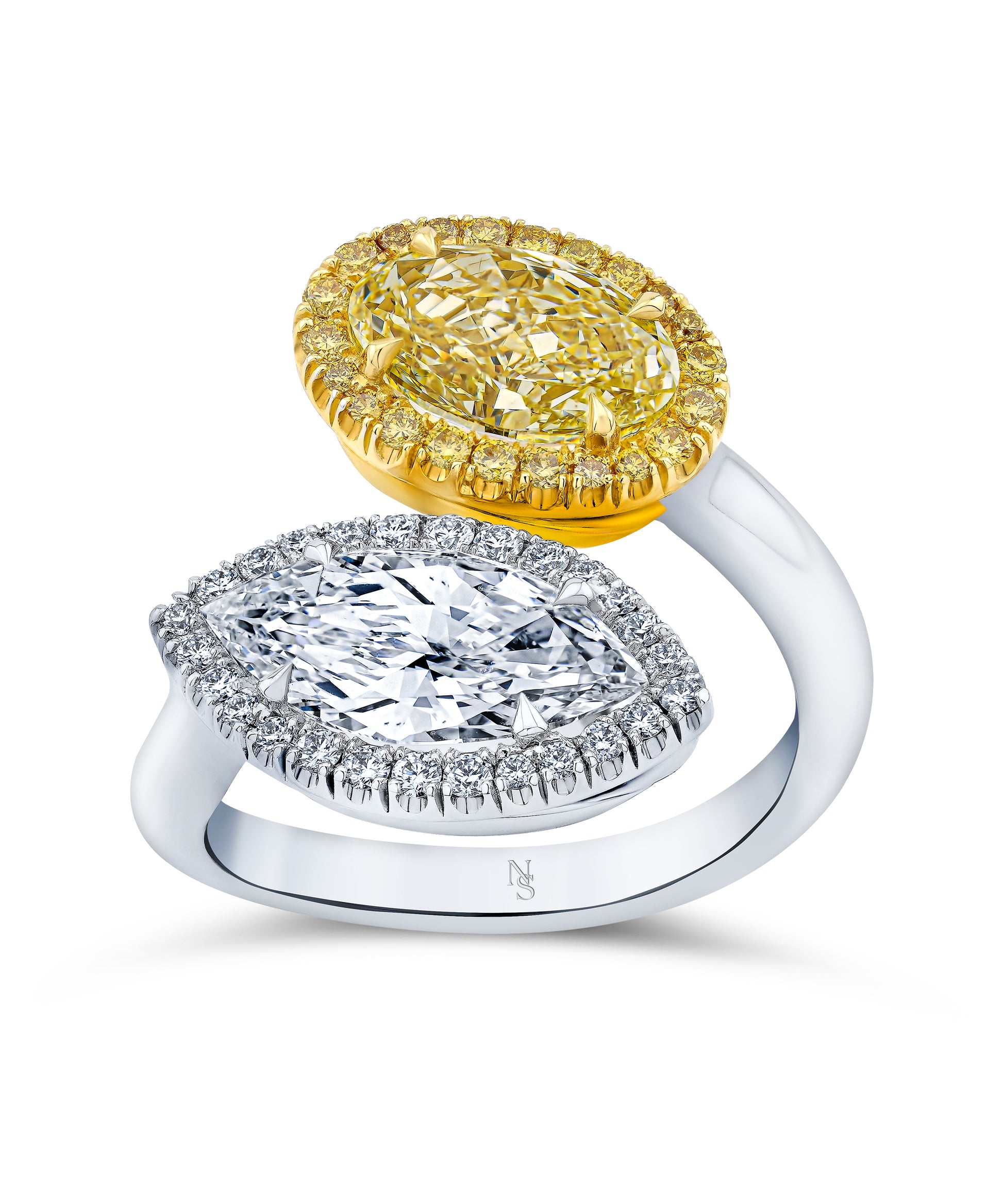 Diamond bypass ring featuring one yellow gold and one white gold, on a white background.