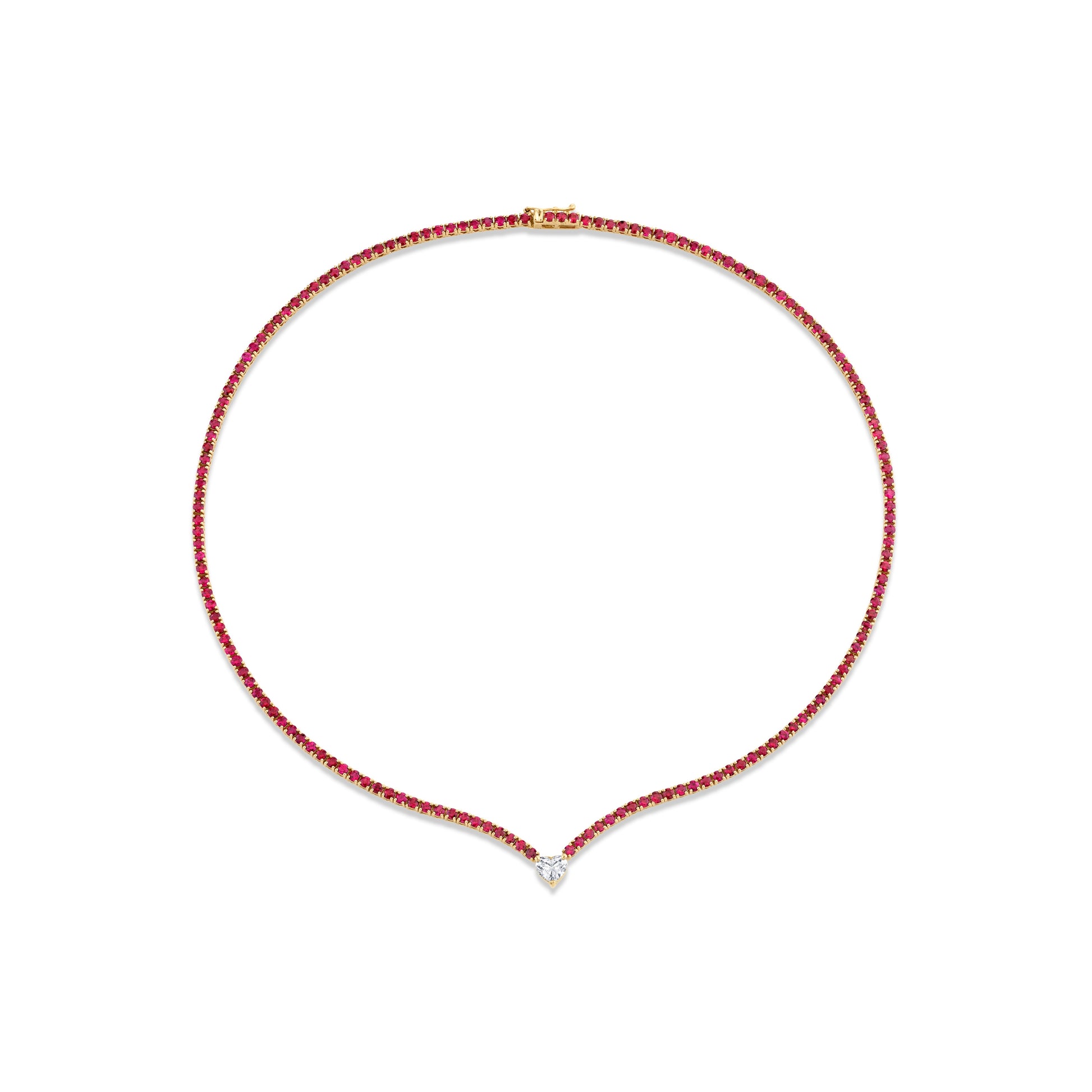 Ruby Straight Line Necklace with Diamond Accent set in 18k gold.