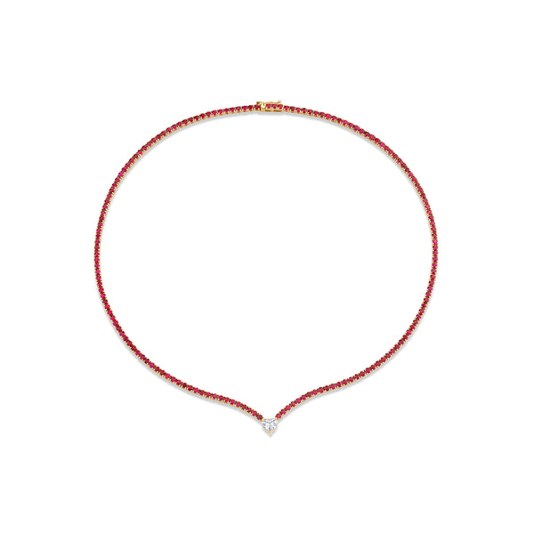 Ruby Straight Line Necklace with Diamond Accent set in 18k gold.