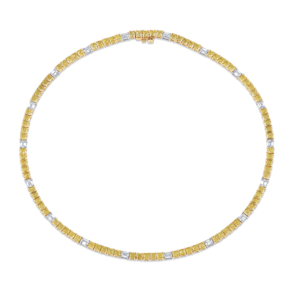 Yellow and White Cushion and Emerald Cut Straight Line Diamond Tennis Necklace