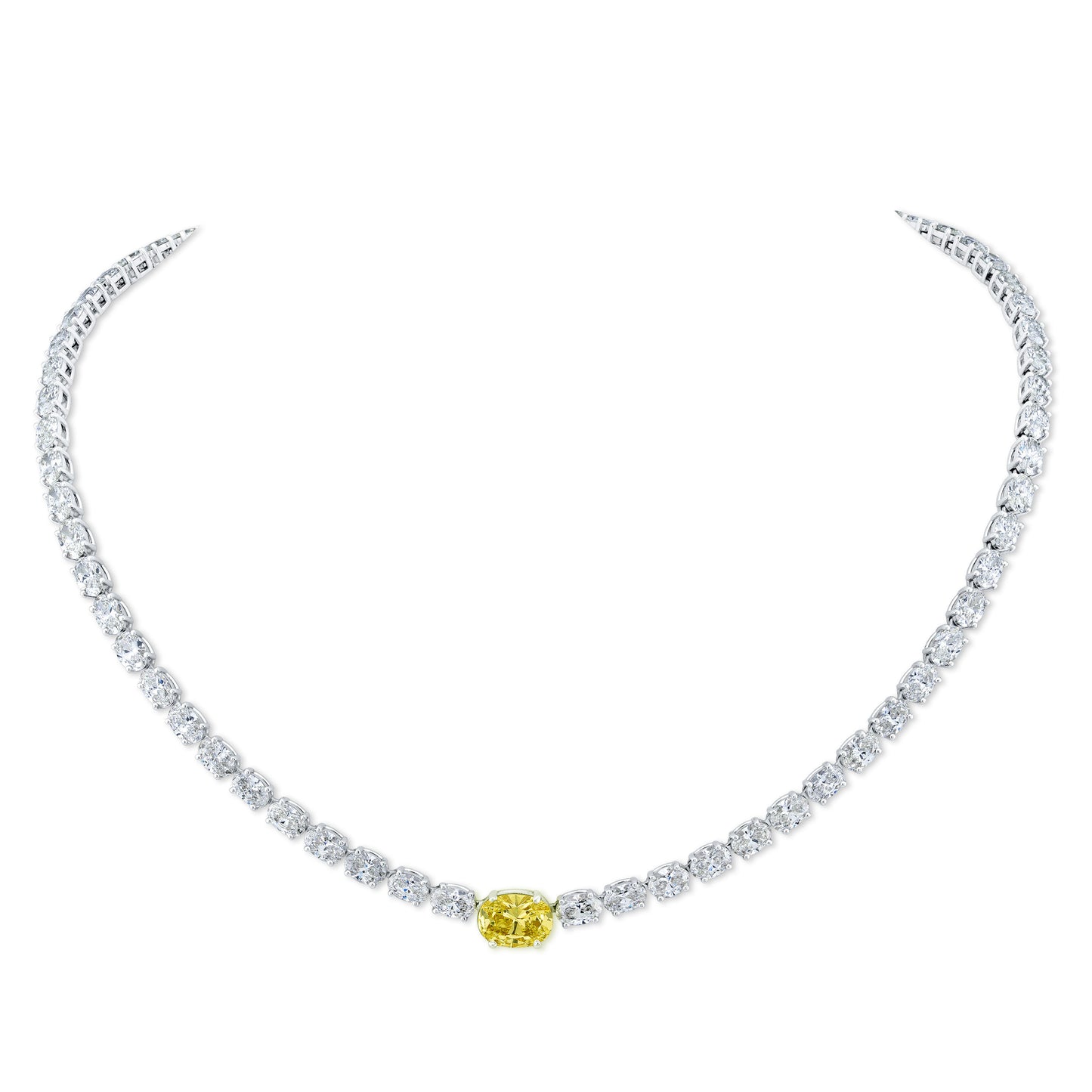 East West Oval Cut Diamond Necklace with a Fancy Light Yellow Center Stone