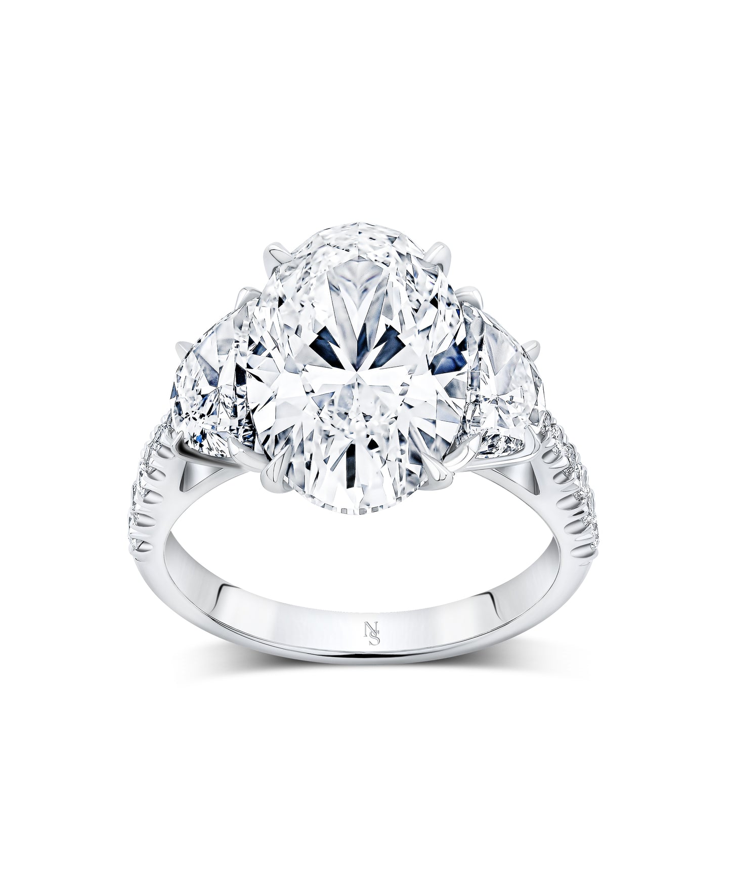 Diamond ring with a large central gemstone and smaller stones on a white background
