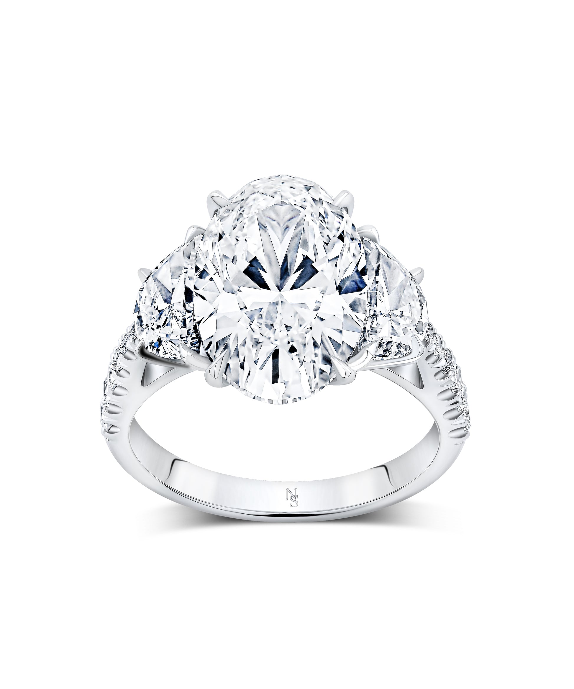 Diamond ring with a large central gemstone and smaller stones on a white background